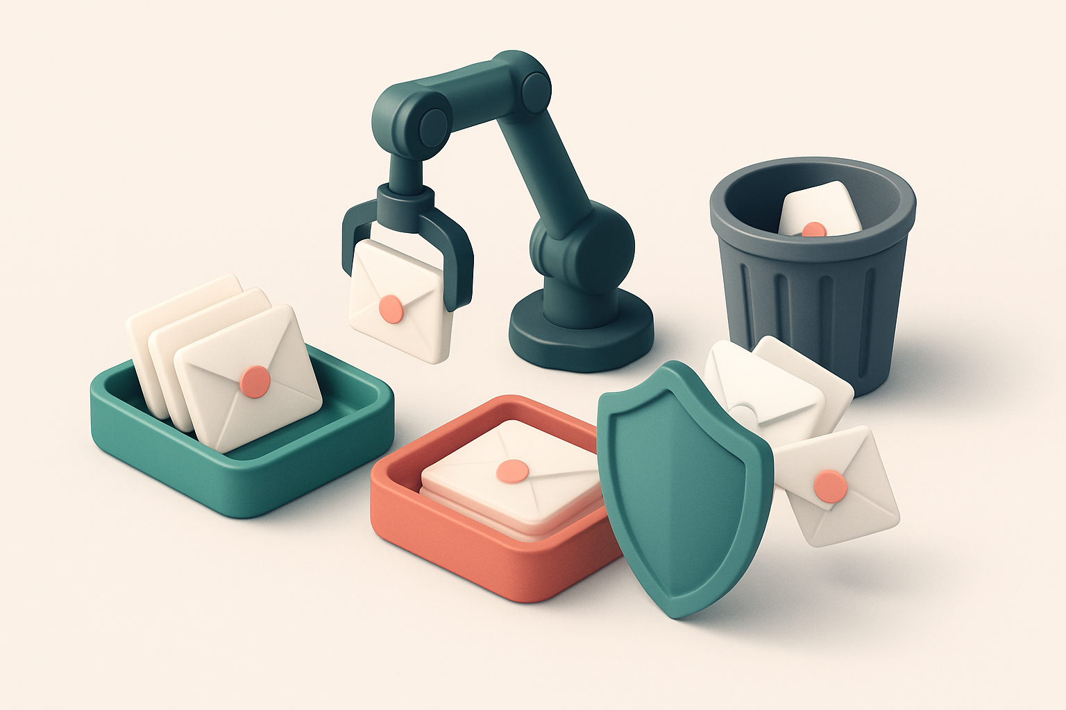 An isometric email inbox with envelopes labeled 'valid' on a green tray and 'invalid' on a red tray, a robotic arm sorti