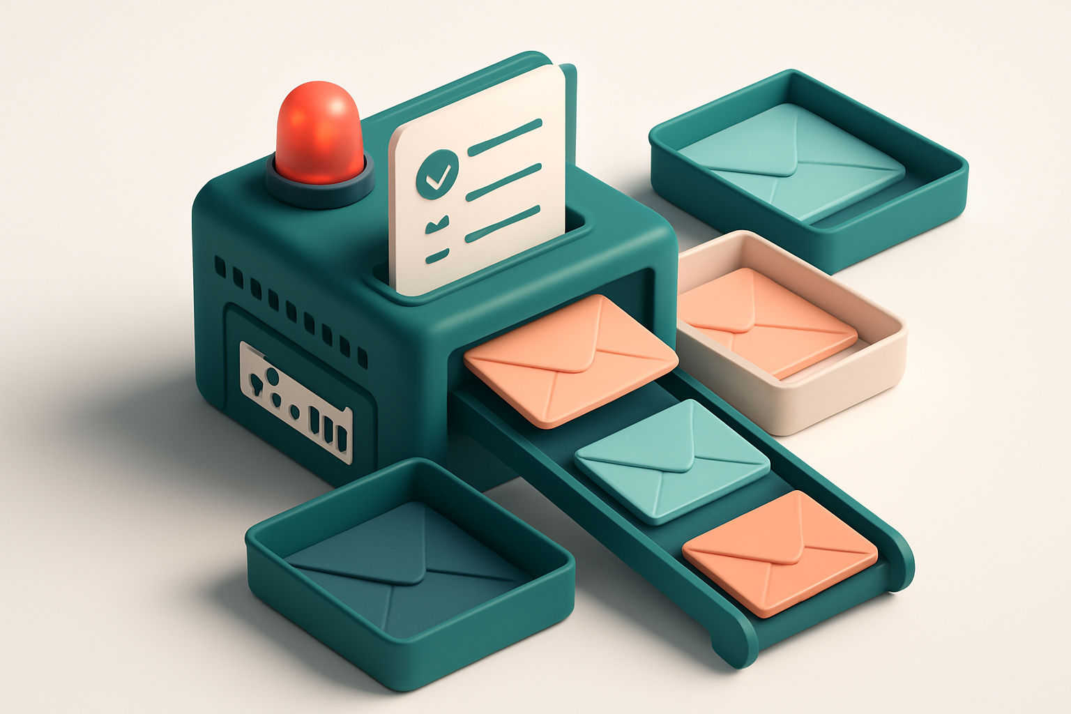 an isometric 3D illustration of a recruitment inbox with envelopes labeled 'valid', 'catch-all', 'invalid', and 'risky'