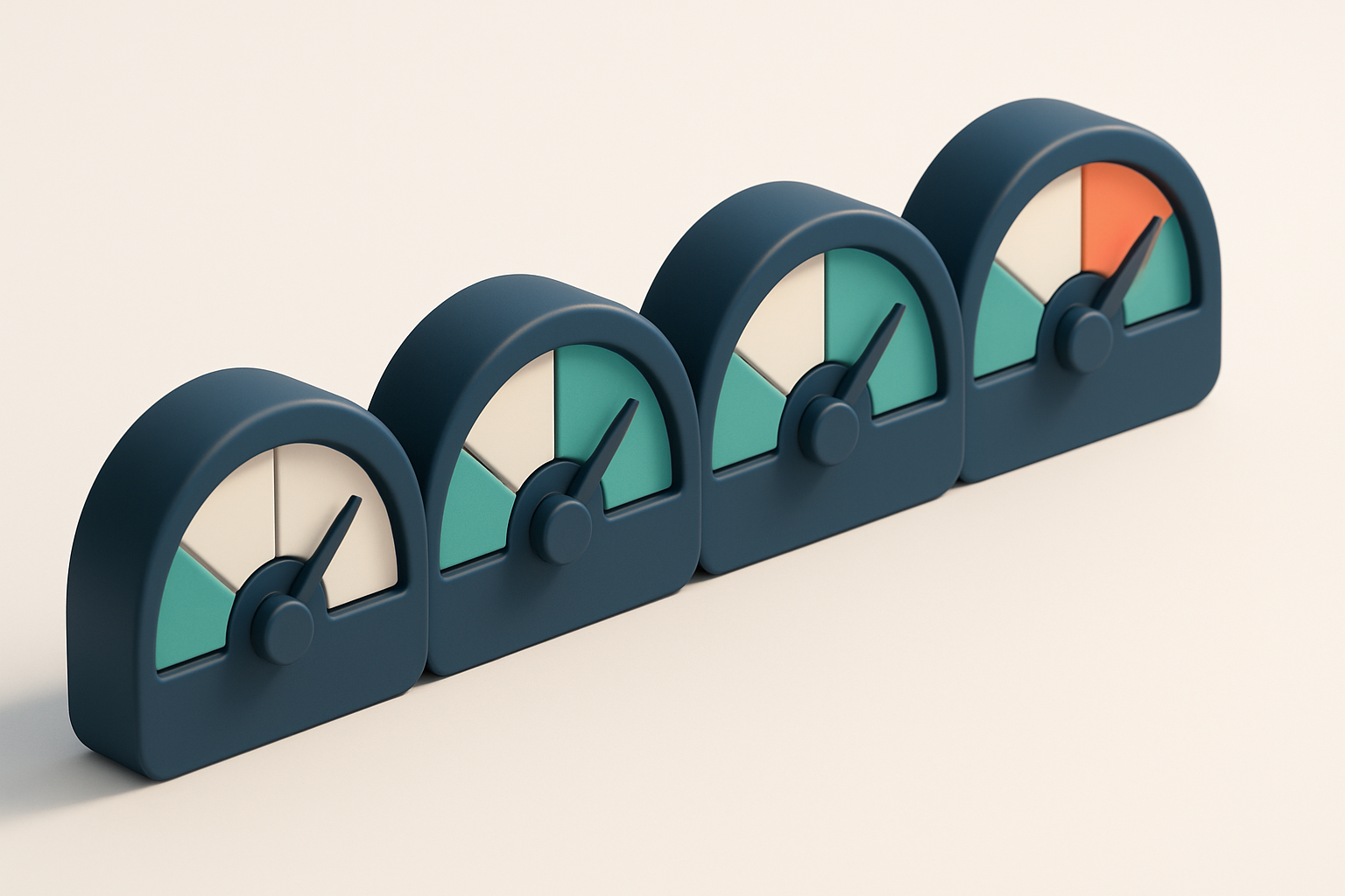 a row of four gauges showing data accuracy levels from low to high