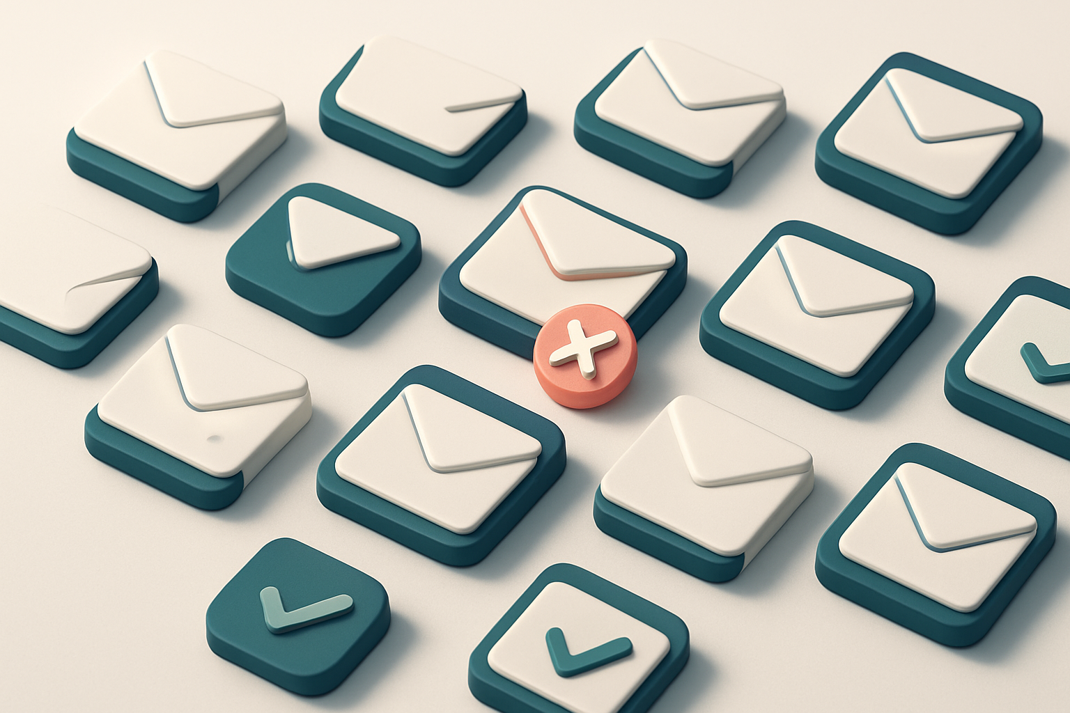 a grid of envelope icons with checkmarks and red Xs