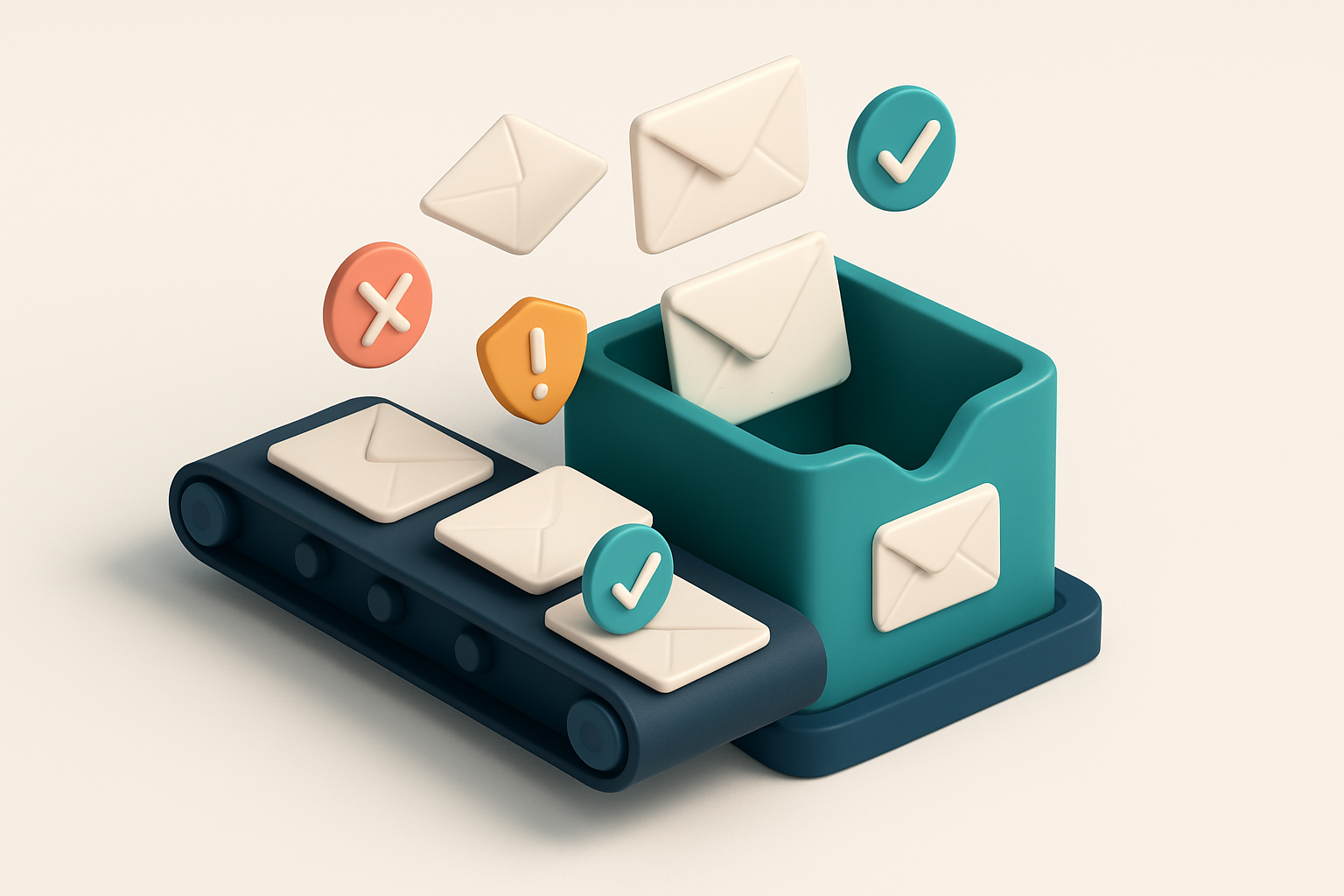 An isometric email inbox with envelopes flying into it from a conveyor belt; green checkmarks appear on valid emails, re