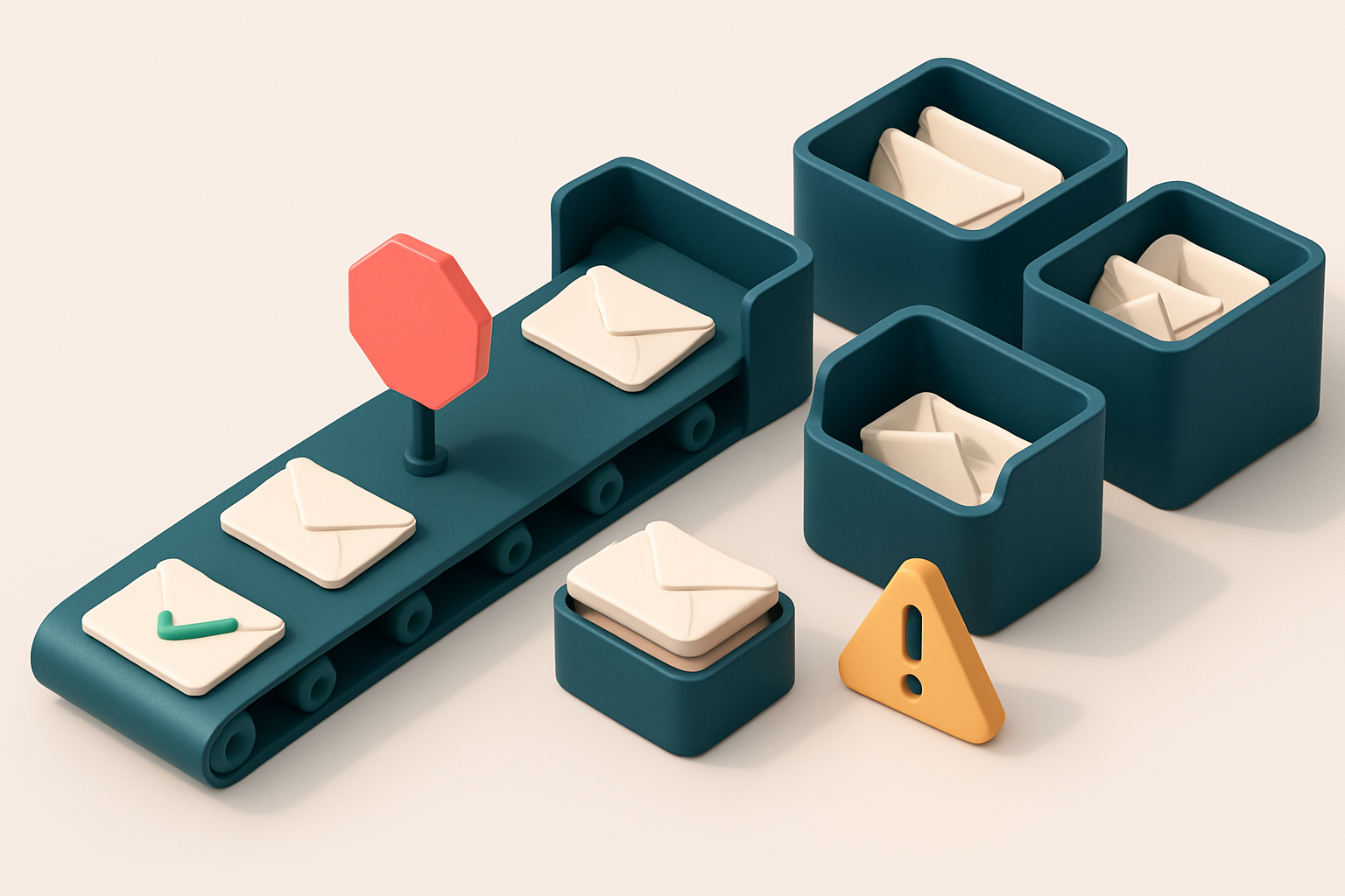 An isometric illustration of a 3D conveyor belt carrying labeled envelopes labeled 'valid', 'invalid', 'catch-all', and