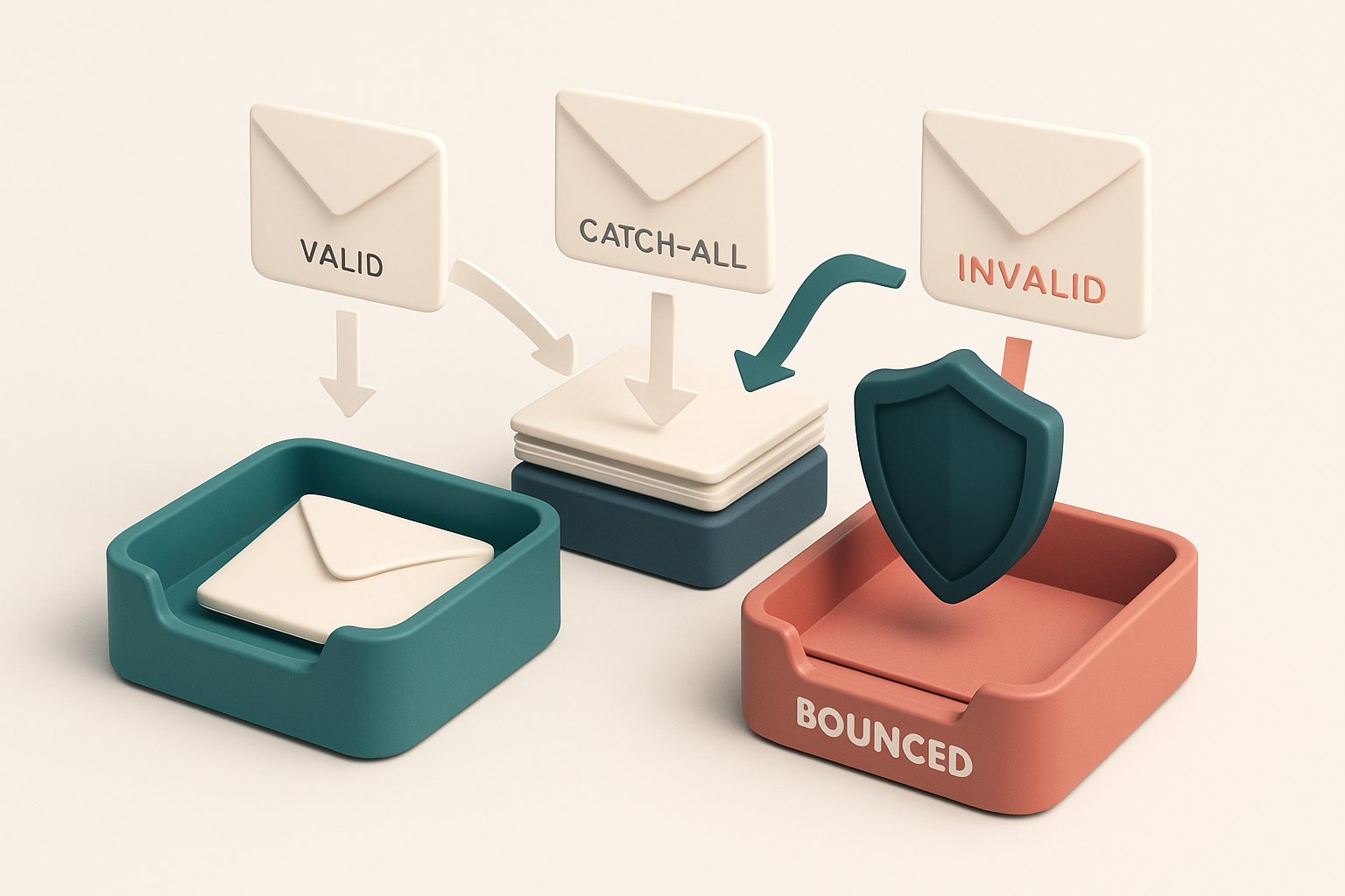 an isometric inbox with envelopes labeled 'valid', 'catch-all', and 'invalid' being routed left to a green 'inbox' tray,