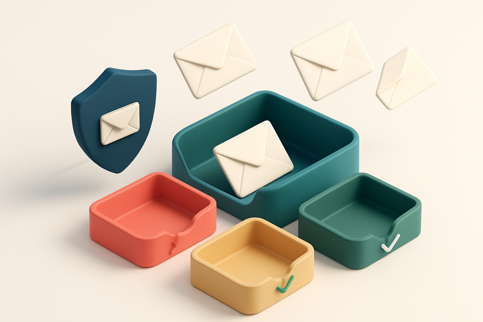 An isometric email inbox with envelopes flying in from three directions: one lands on a red 'invalid' tray, one on a yel