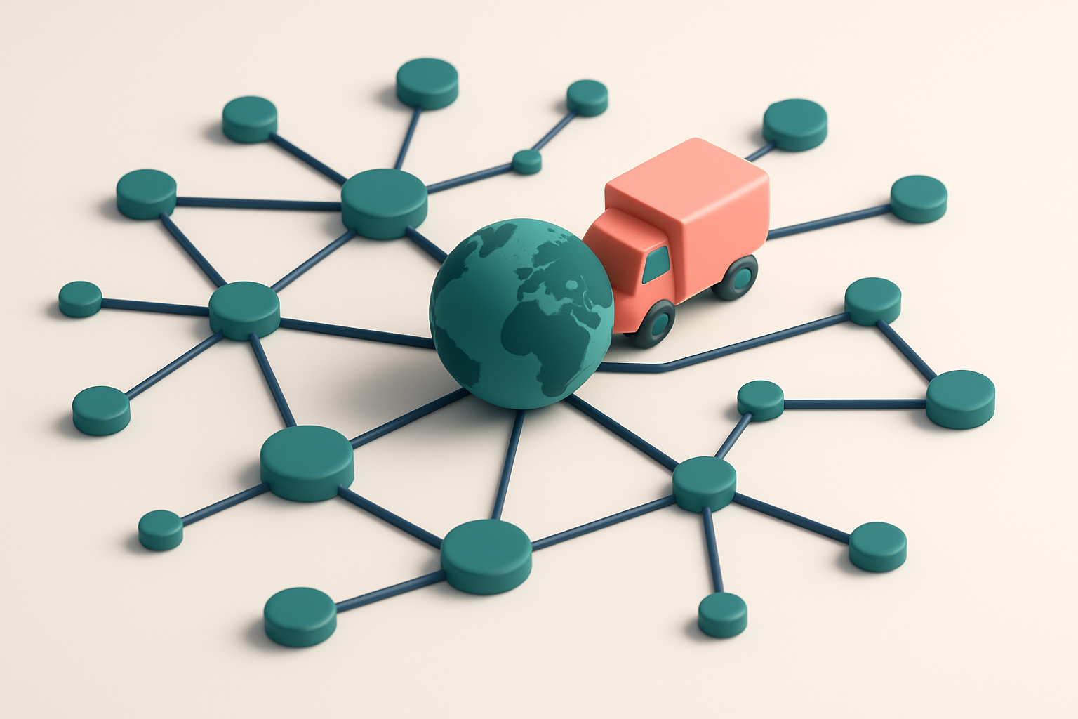 A network of small circular nodes connected by lines, representing a global logistics contact network