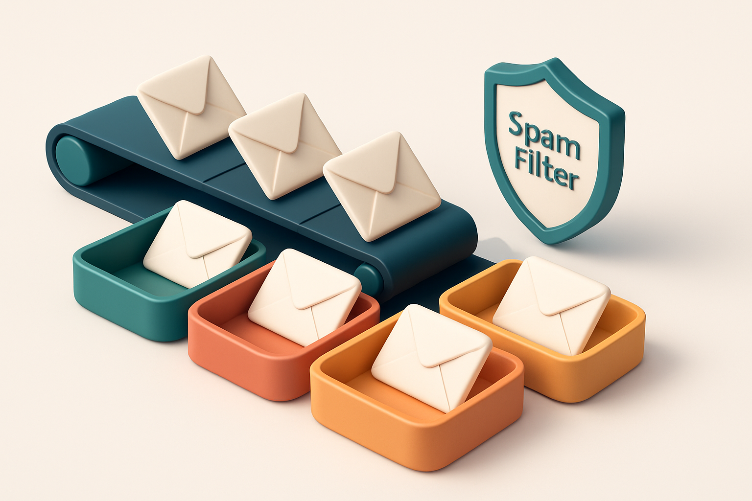 An isometric view of a 3D email inbox with envelopes labeled 'Valid', 'Invalid', 'Catch-all', and 'Risky' being sorted b