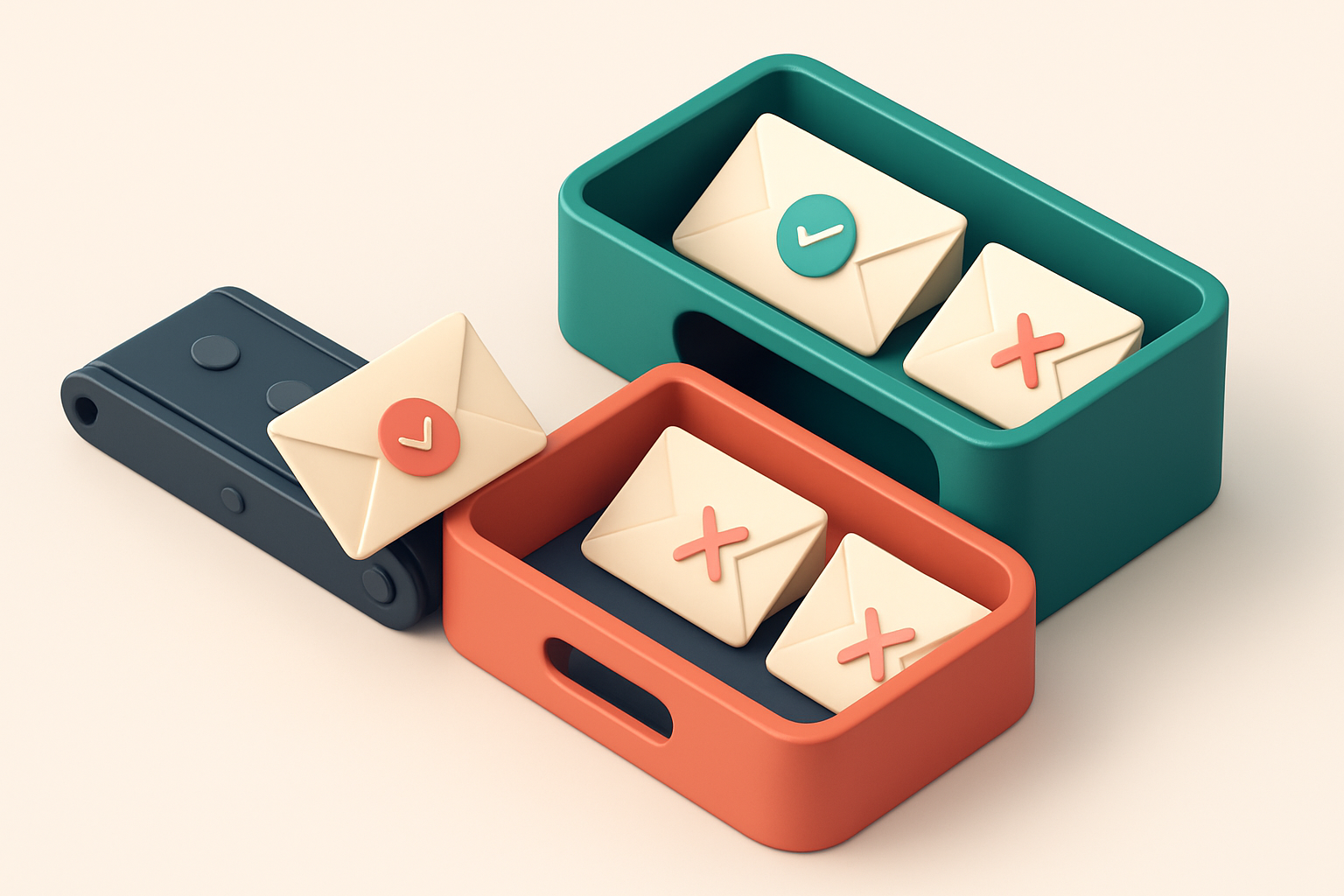an isometric email inbox split into two sections: a green 'valid' tray with envelopes marked '✓', and a red 'invalid' tr