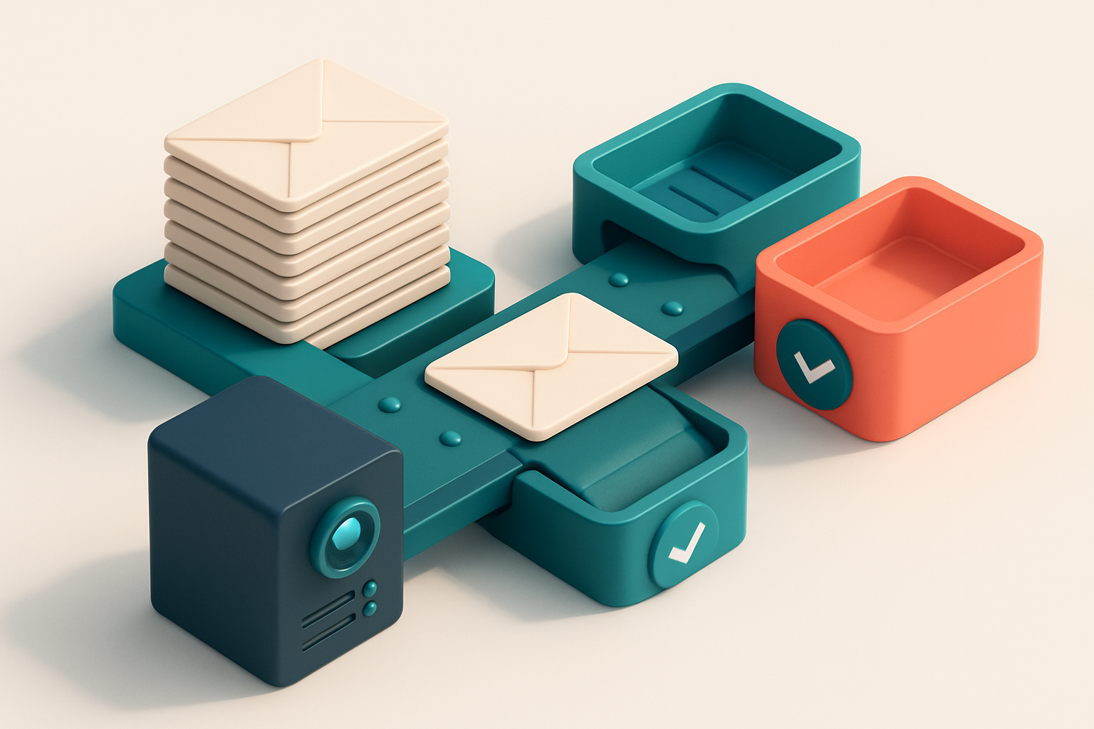 An isometric stack of envelopes labeled 'email list' being sorted by a conveyor belt into two trays: one green with a ch