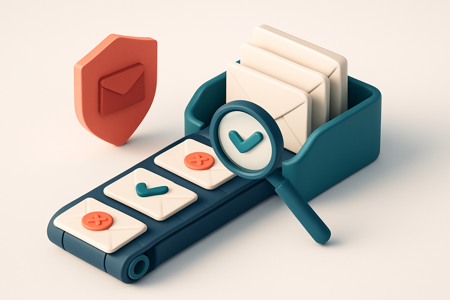 An isometric email inbox with envelopes stacked in a conveyor belt, some marked with red 'invalid' stamps, others with g