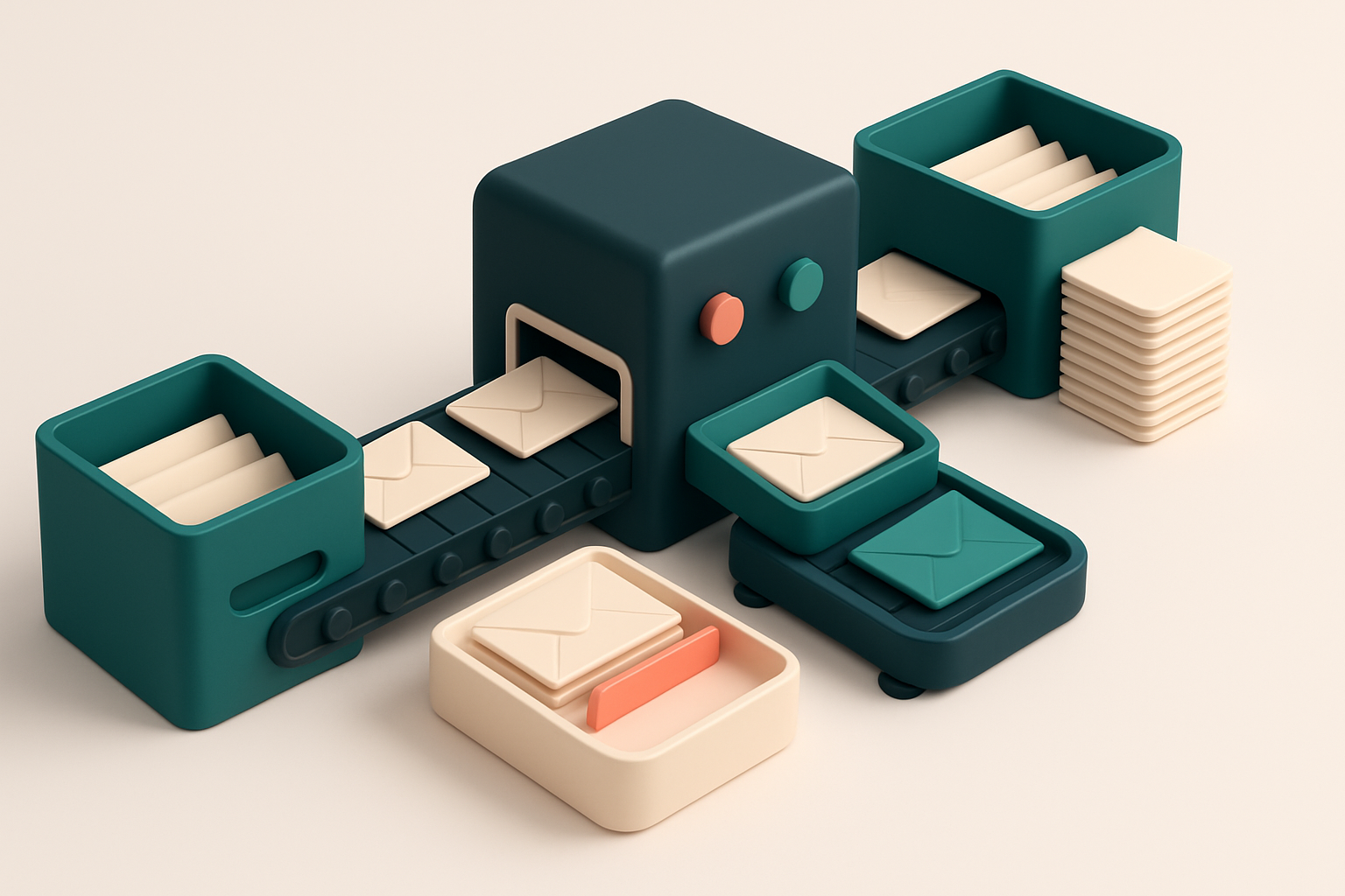 An isometric illustration of a recruitment workflow: a conveyor belt moves envelopes labeled with candidate names from a
