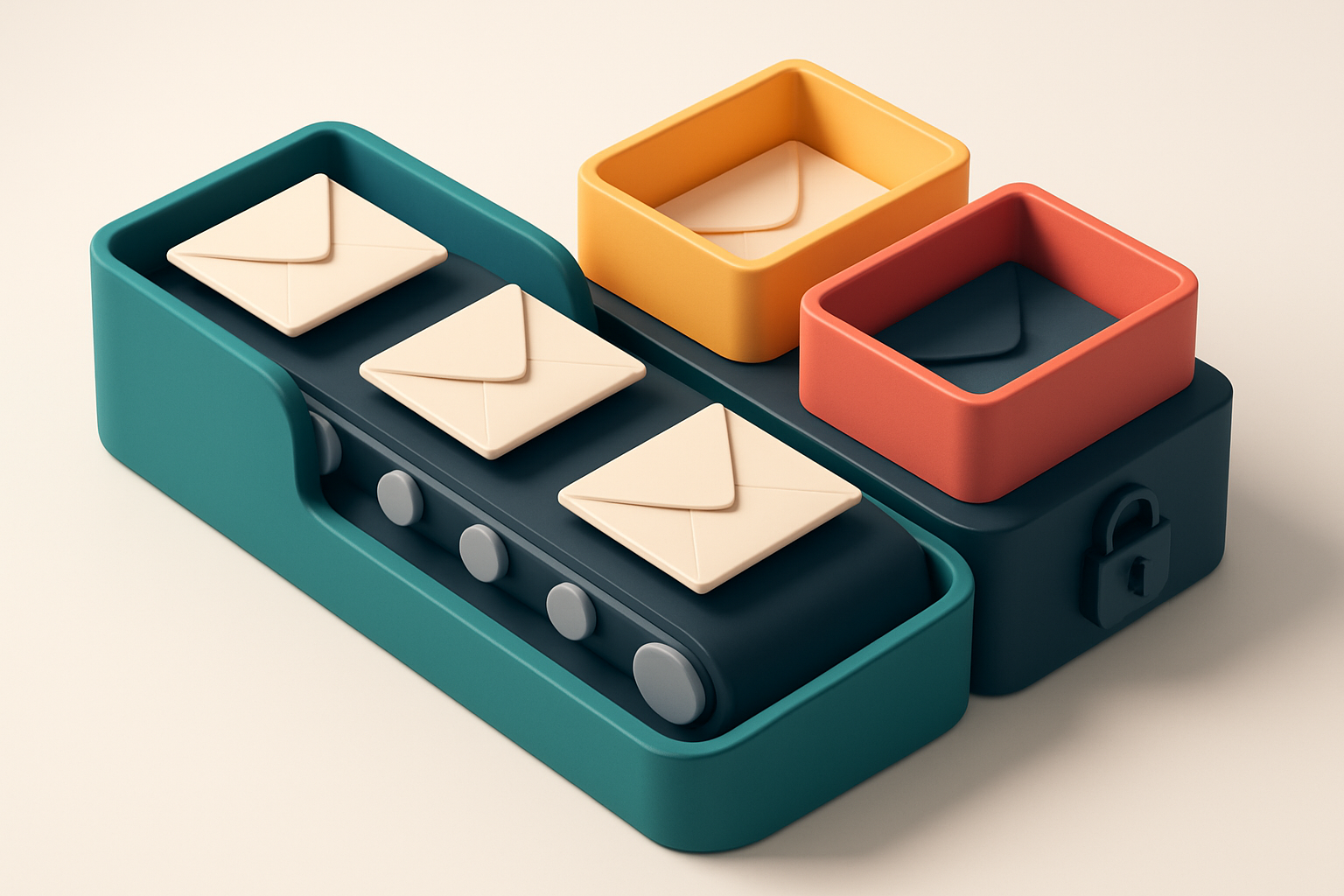 An isometric inbox with envelopes labeled 'Valid,' 'Risky,' 'Catch-all,' and 'Invalid' moving along a conveyor belt, eac
