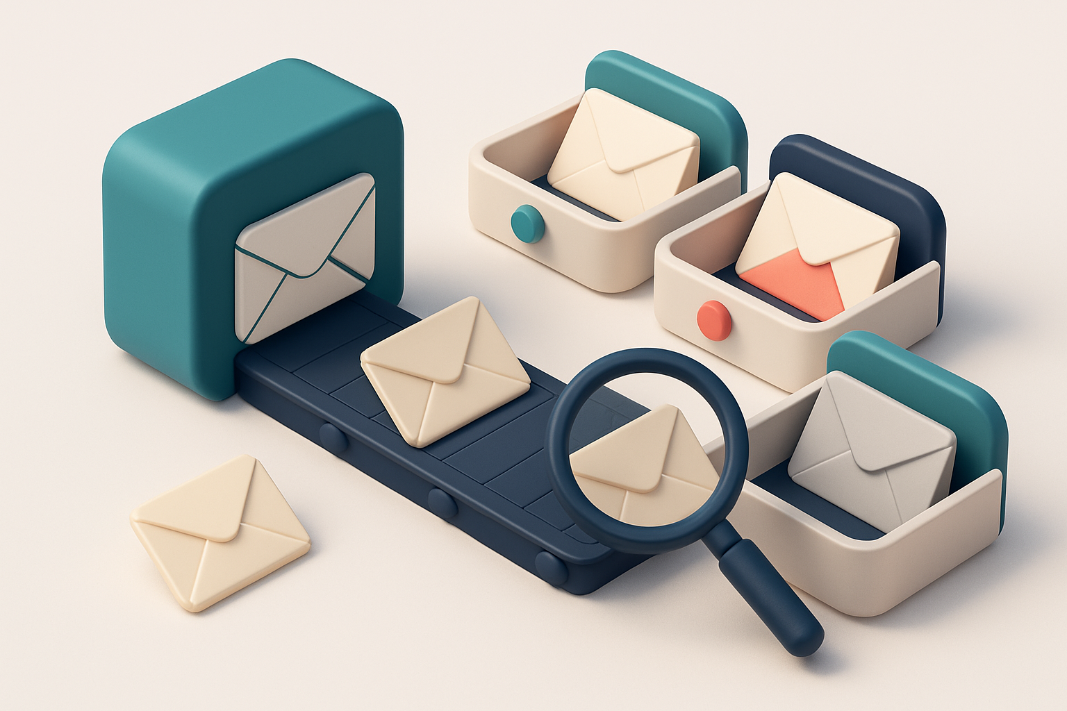 An isometric illustration showing a digital inbox with a conveyor belt carrying envelopes labeled 'valid', 'invalid', 'c