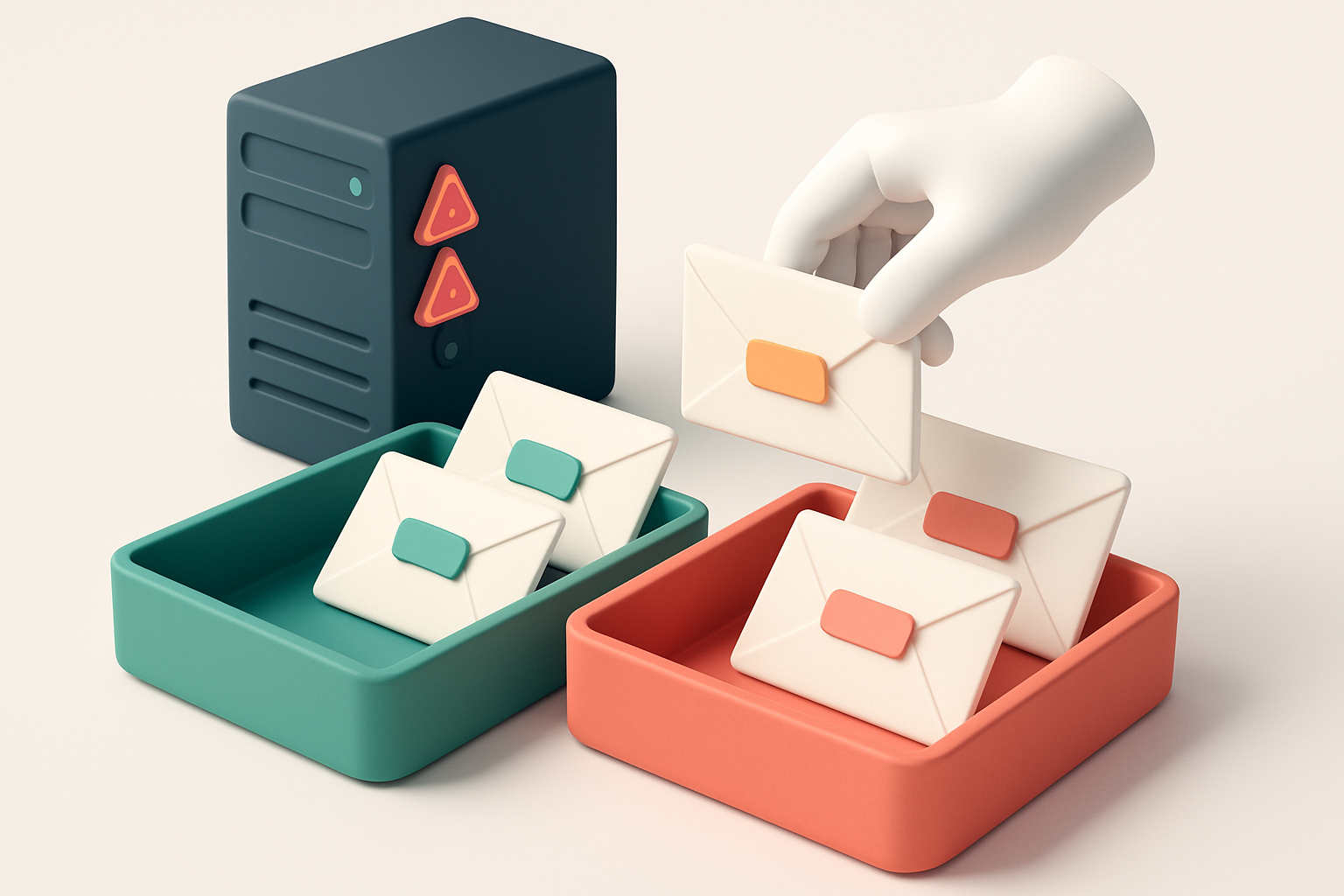 A 3D isometric scene of a green 'valid' tray and a red 'invalid' tray, with envelopes being sorted by a digital hand; ea