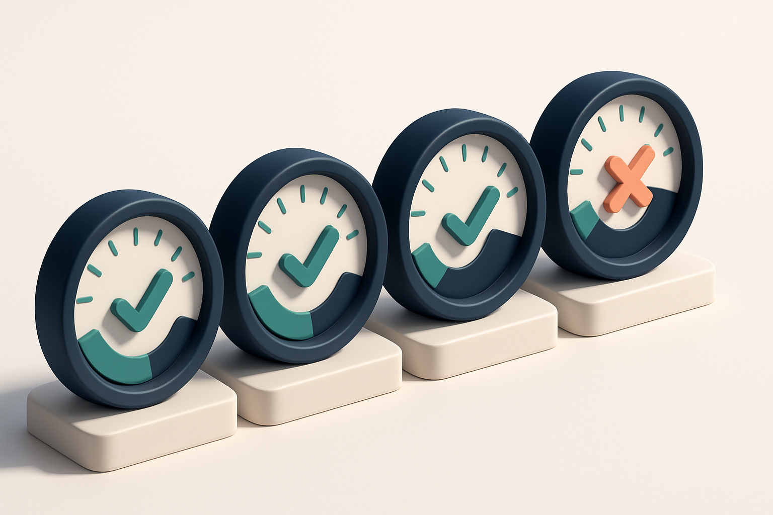 a row of four gauges showing real-time validation status across different stages
