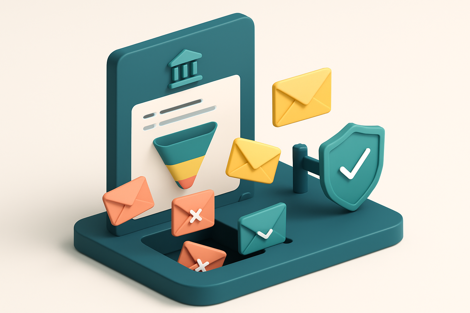 An isometric dashboard showing a government form submission funnel, with red 'invalid' envelopes falling into a trap, gr