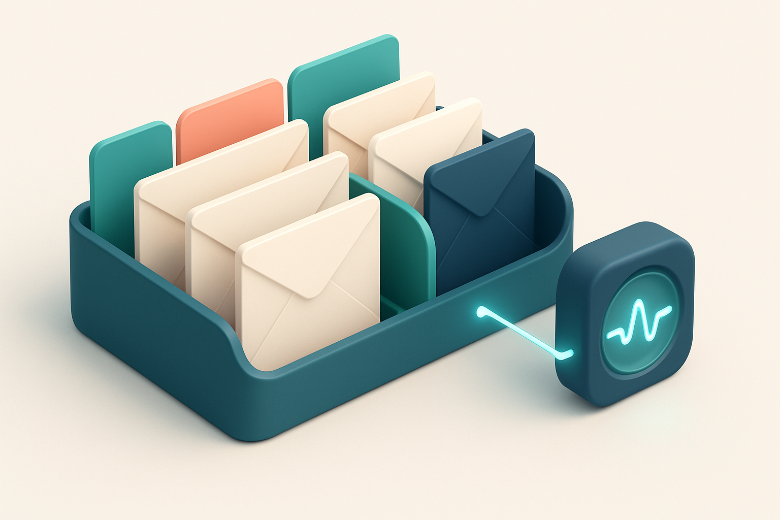 An isometric email inbox with individual envelopes labeled with different address types—valid, invalid, catch-all, risky