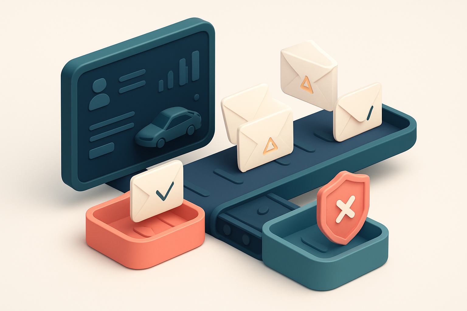 an isometric view of a car dealership CRM dashboard with envelopes labeled 'valid,' 'invalid,' and 'risky' being process
