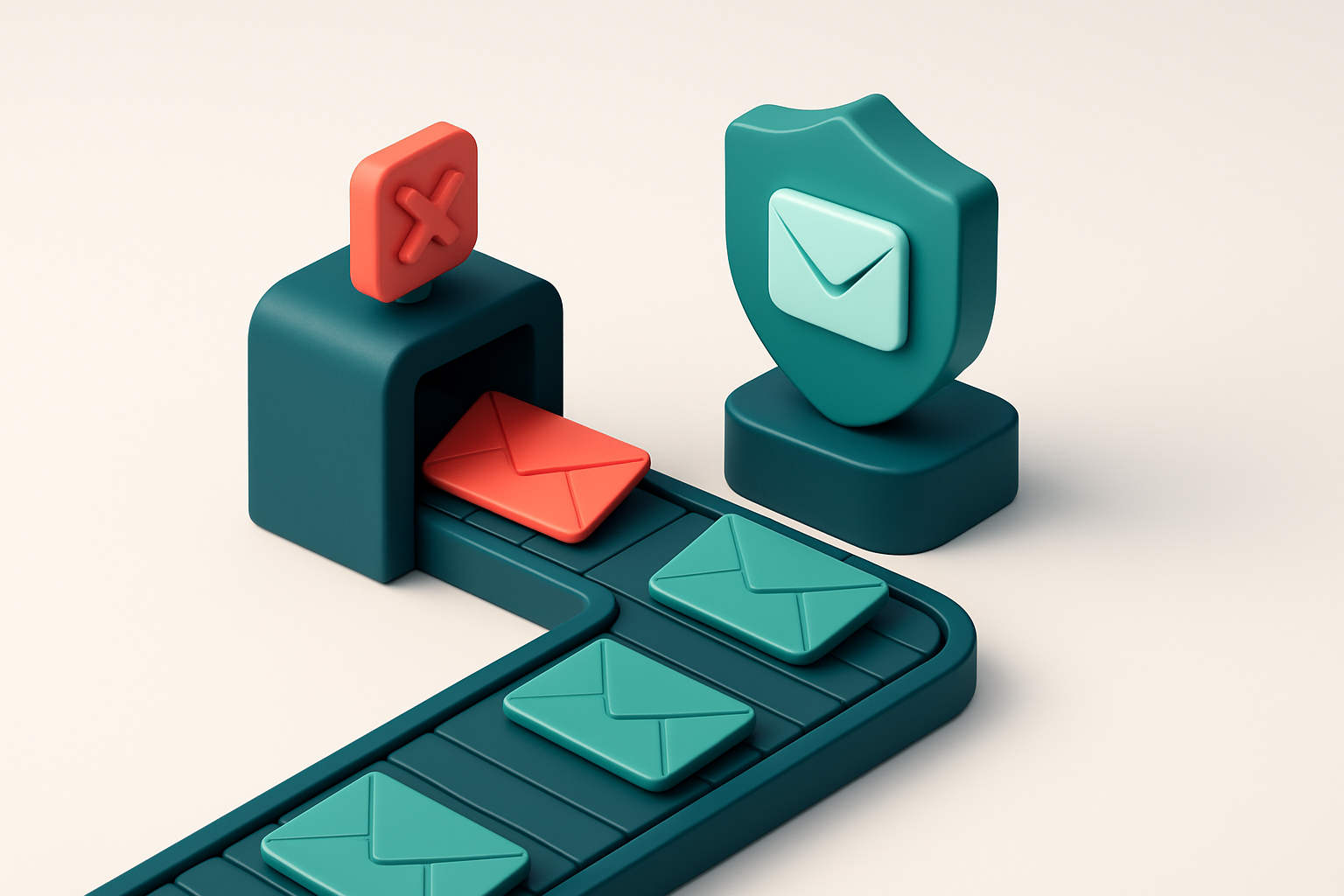 An isometric email inbox with envelopes being routed along a conveyor belt—only the green 'valid' envelopes pass through