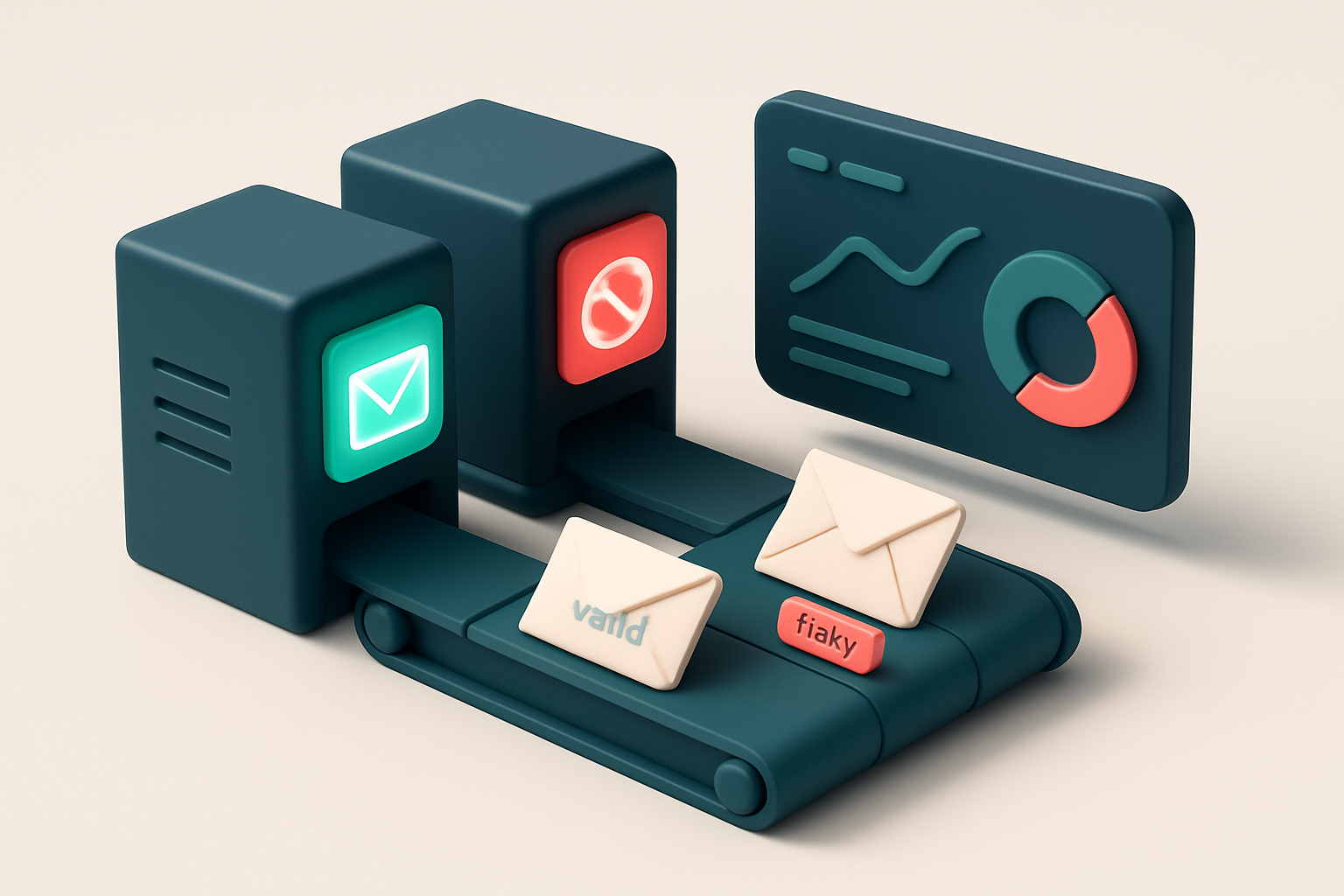 an isometric email server farm with green 'inbox' light panels and red 'spam' or 'blocked' light panels, each connected