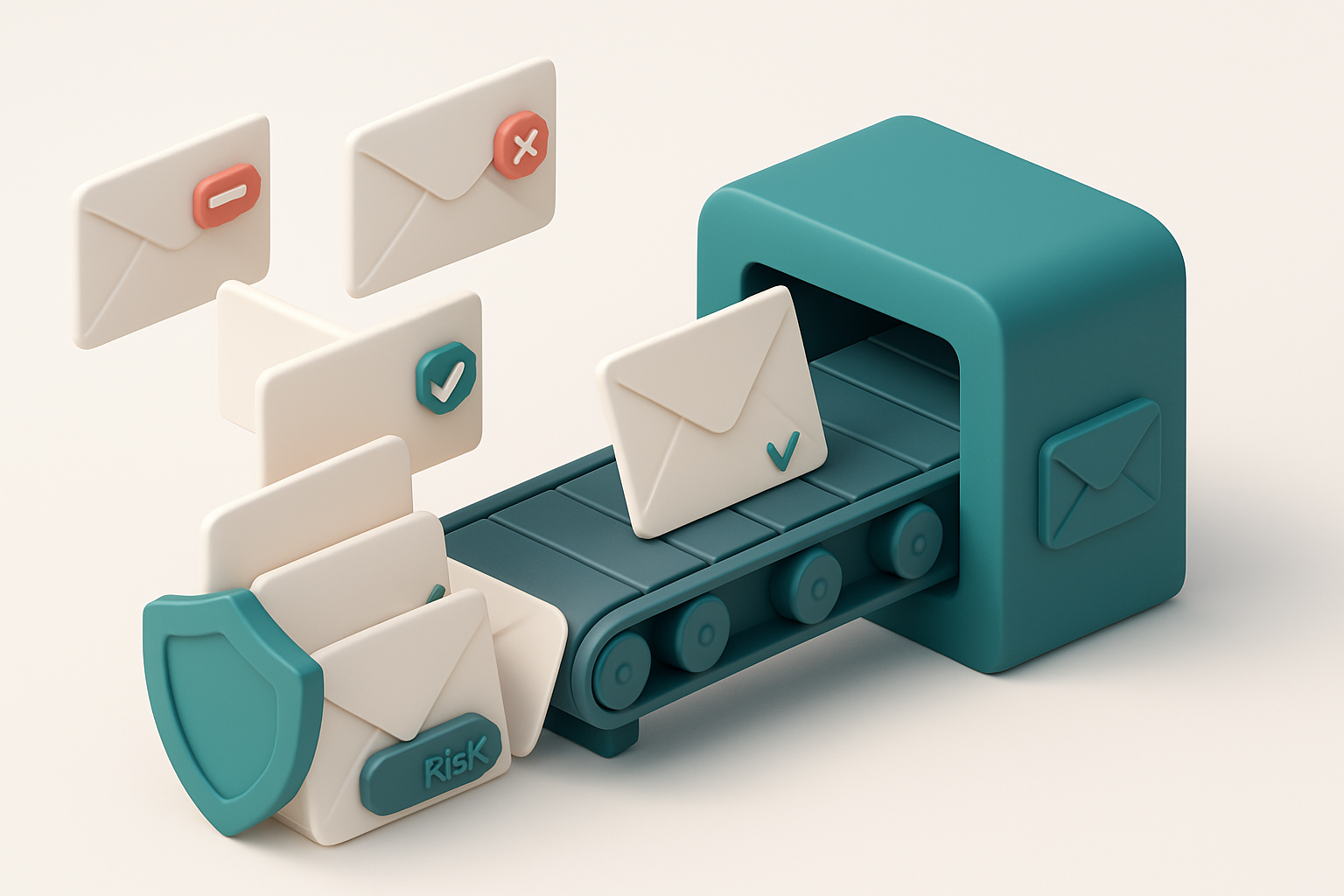 An isometric email inbox with a conveyor belt feeding in envelopes labeled with restaurant names and email addresses; so