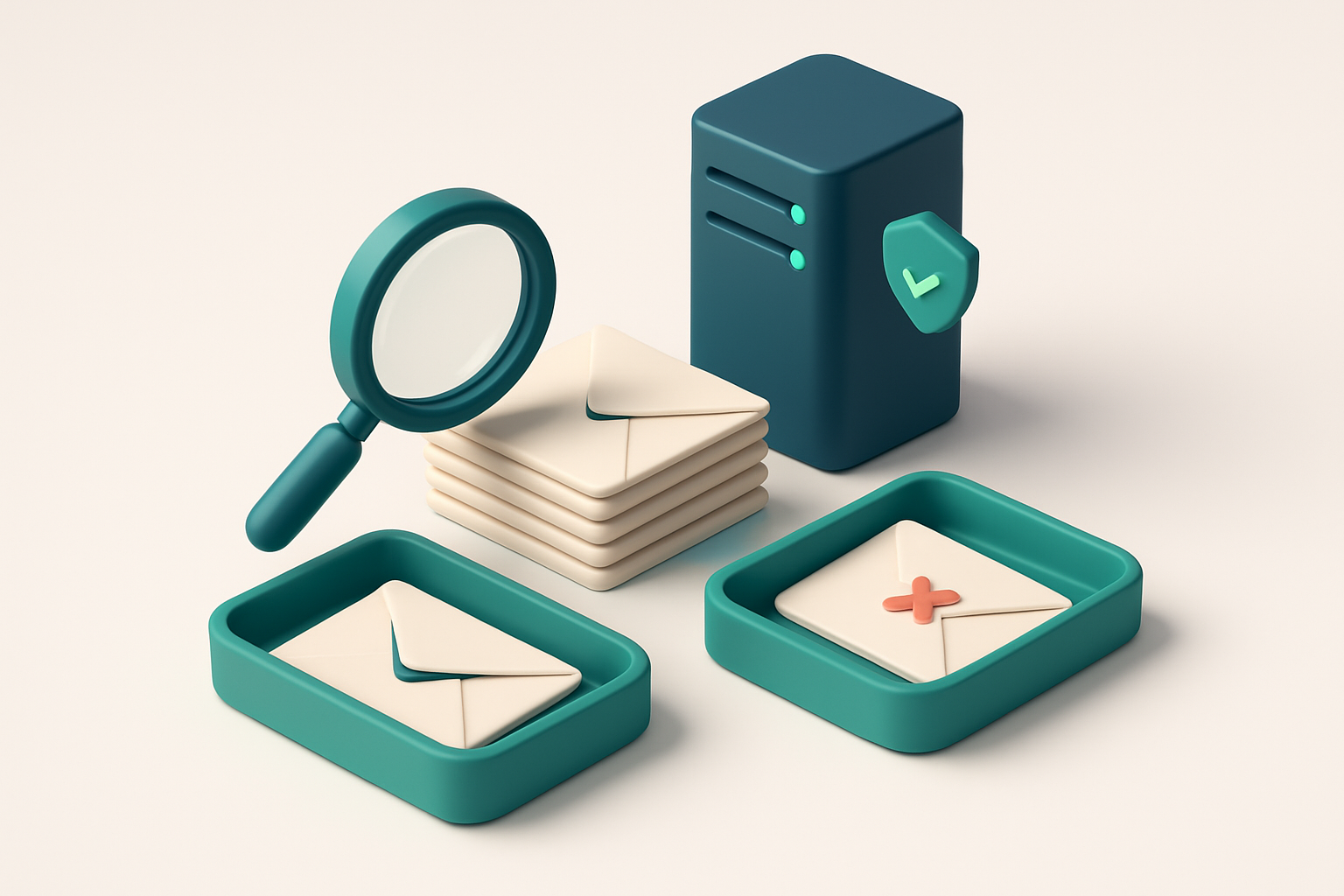 an isometric email inbox with envelopes being sorted onto a green 'valid' tray and a red 'invalid' tray, a magnifying gl