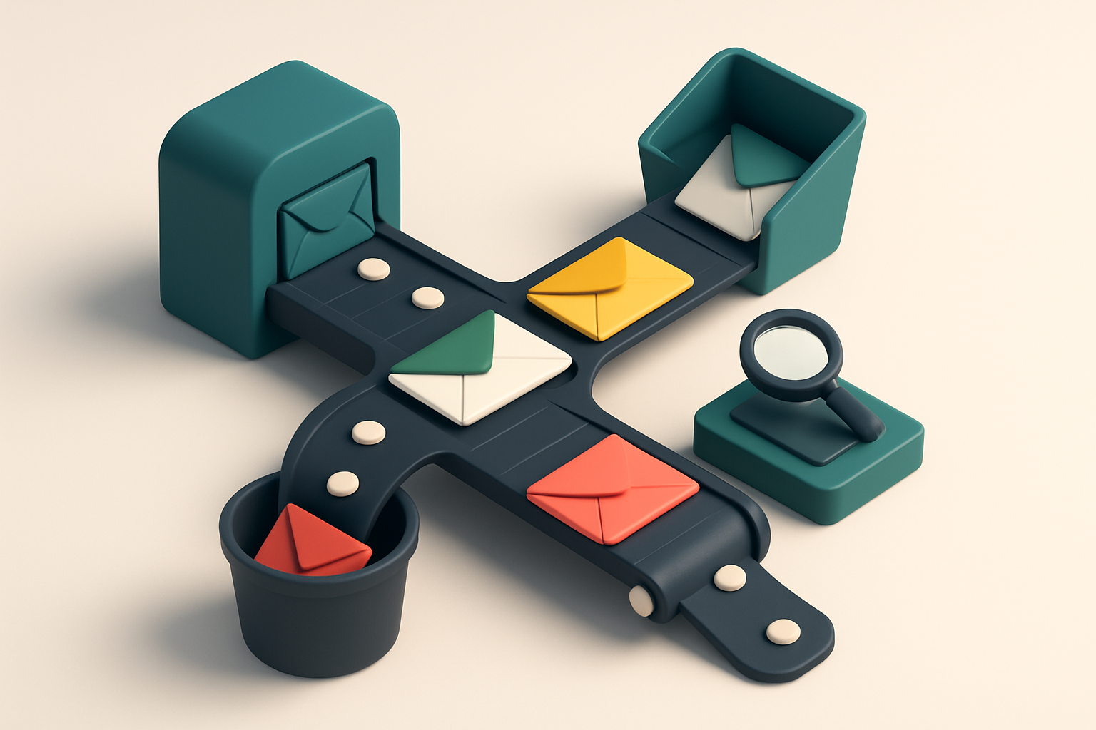 an isometric email inbox with envelopes being sorted by a conveyor belt: red envelopes marked 'invalid' go to a trash bi