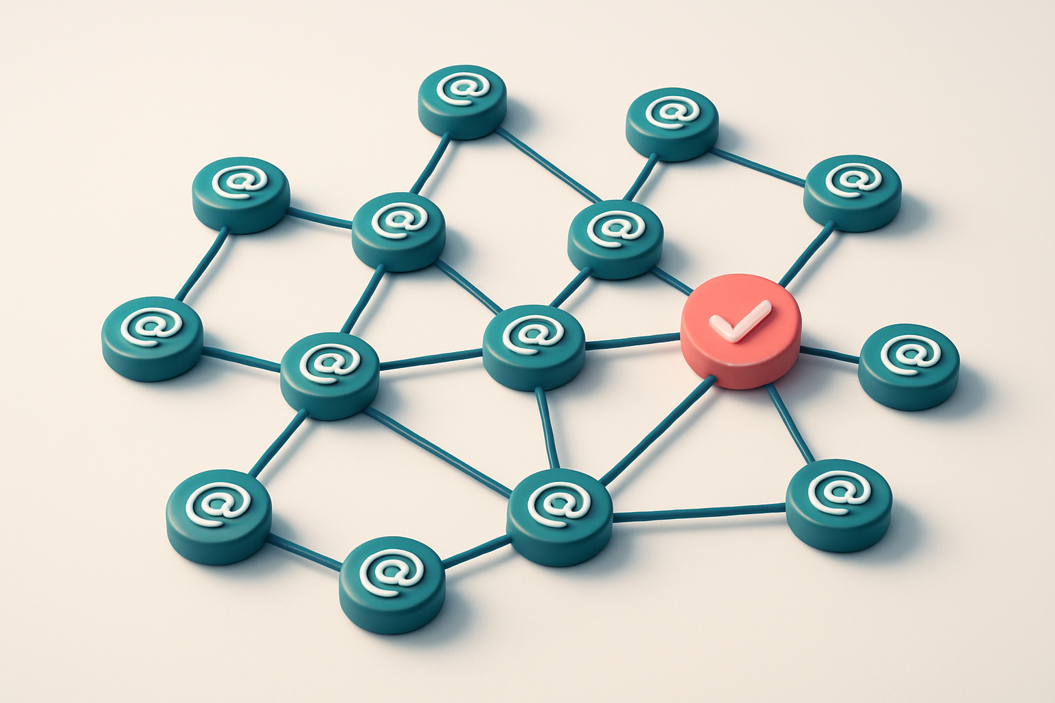 A network of small circular nodes connected by lines, representing validated email addresses in a clean list
