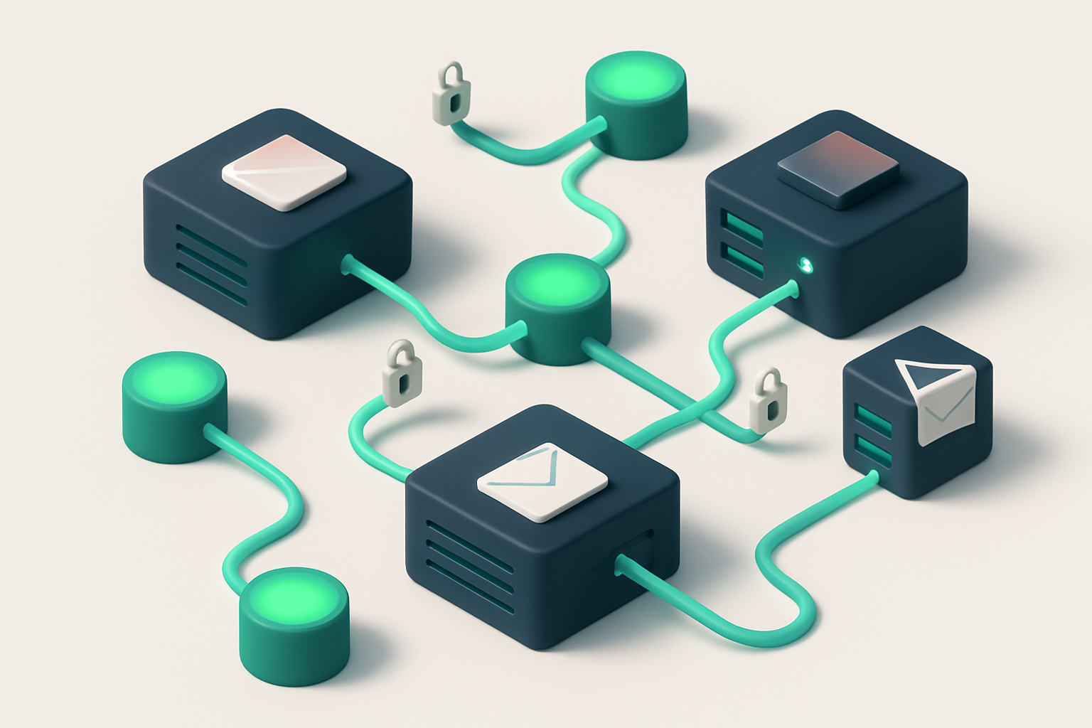 An isometric email server network with encrypted data streams flowing between green-lit data nodes, each labeled with a