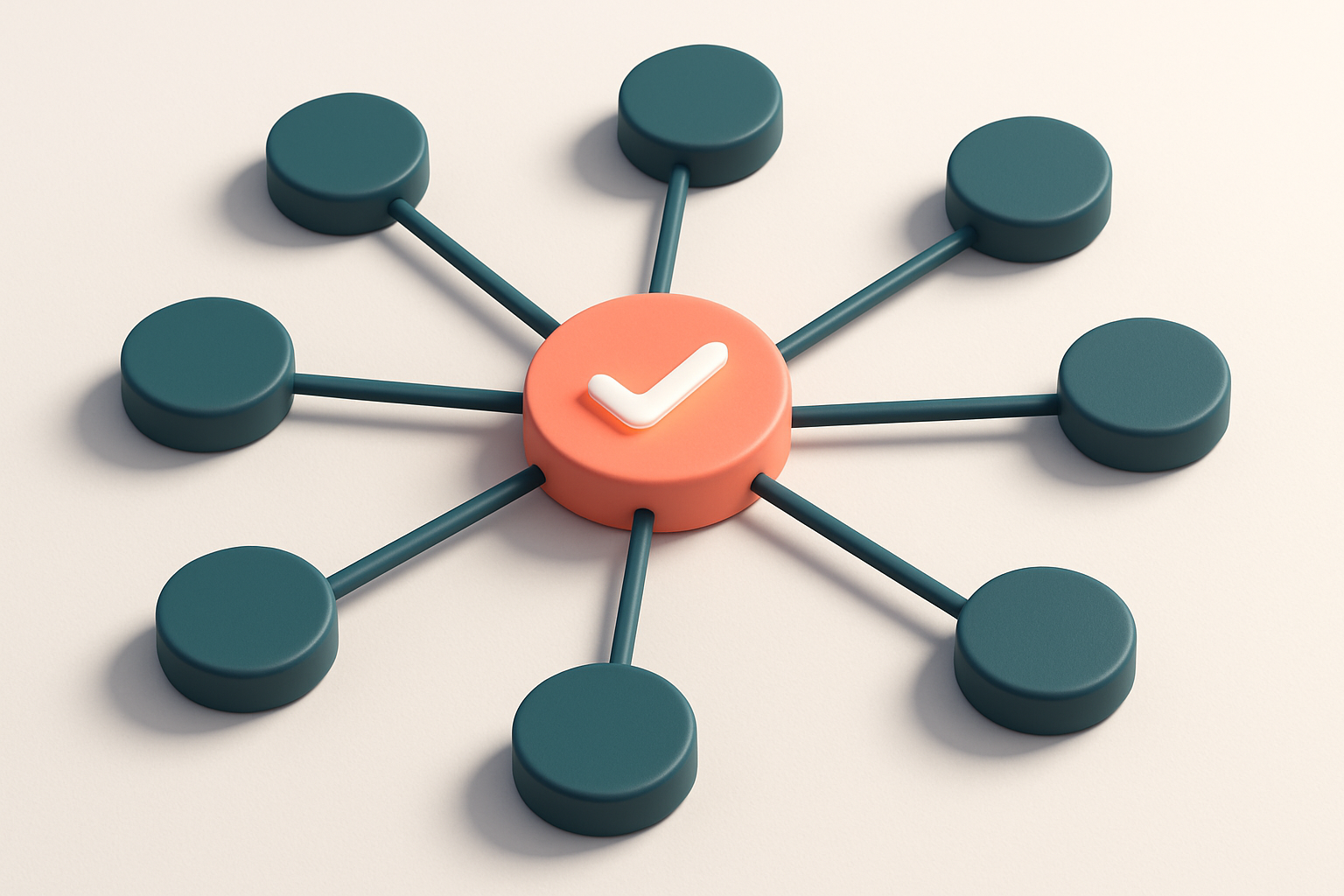 Hero: a network of connected circular nodes, one glowing with a checkmark