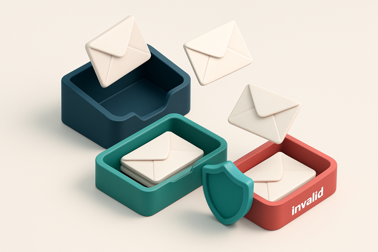 An isometric email inbox with envelopes labeled with student names, some falling into a green 'Valid' tray and others in