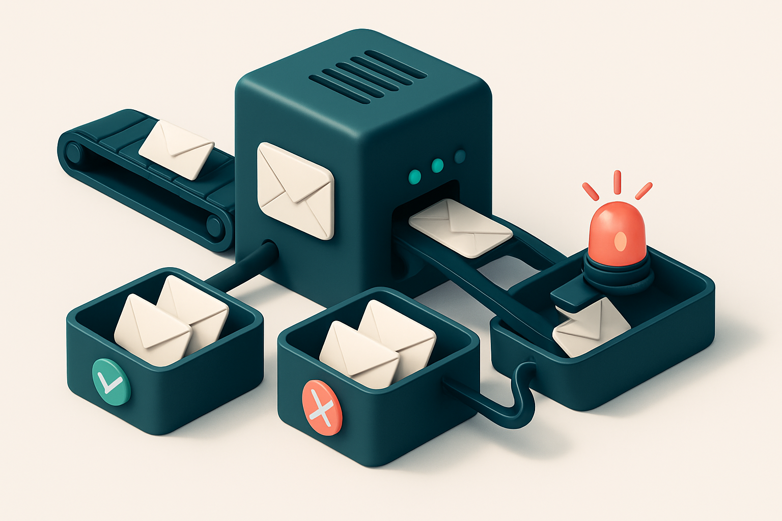 An isometric email server with multiple conveyor belts feeding envelopes into three trays: one labeled 'Valid' with gree
