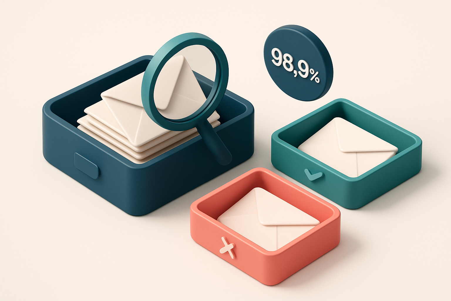An isometric email inbox with envelopes being sorted into a green 'valid' tray and a red 'invalid' tray, a magnifying gl