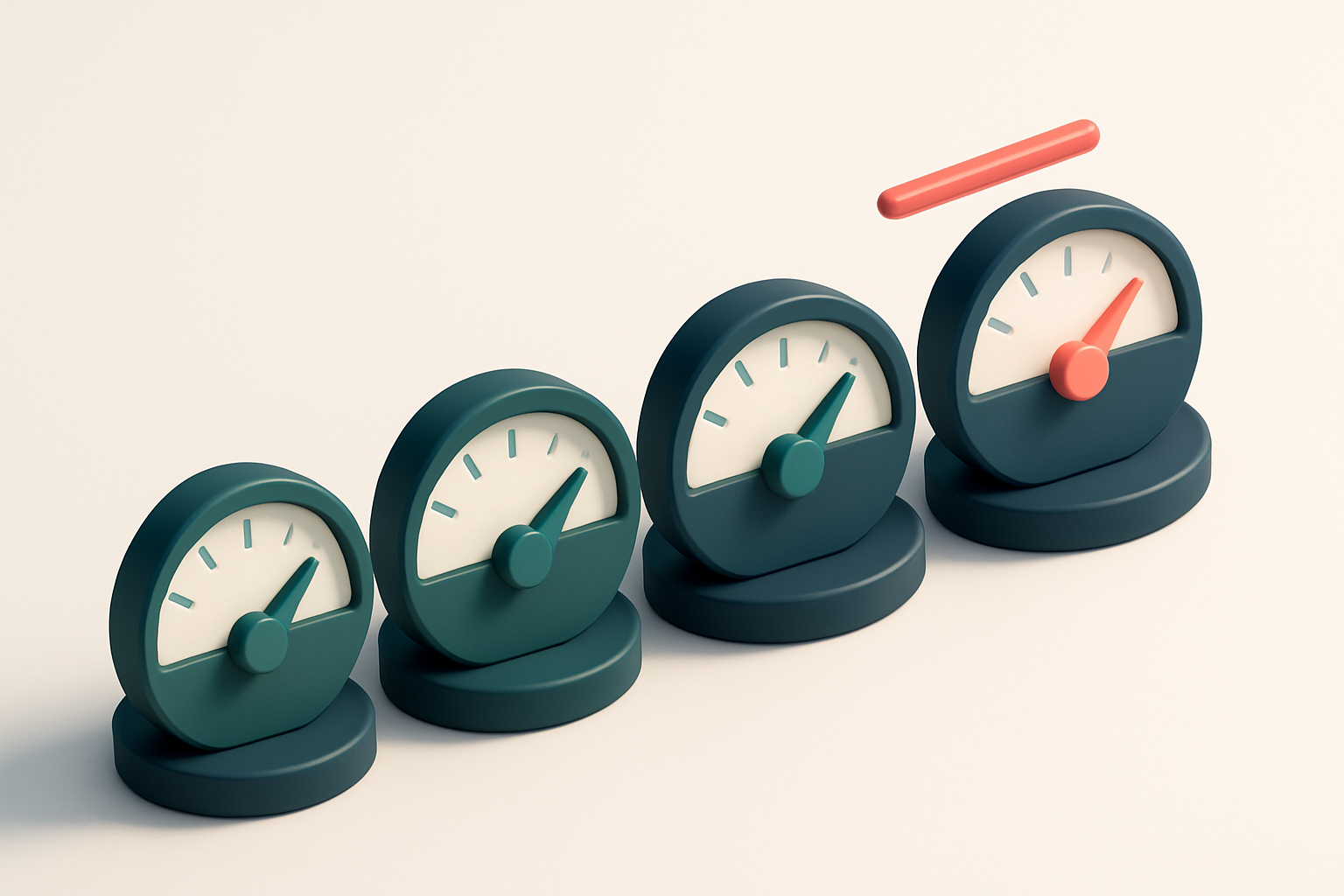 a row of four gauges labeled 0%, 25%, 50%, 75% with a red line at 90%