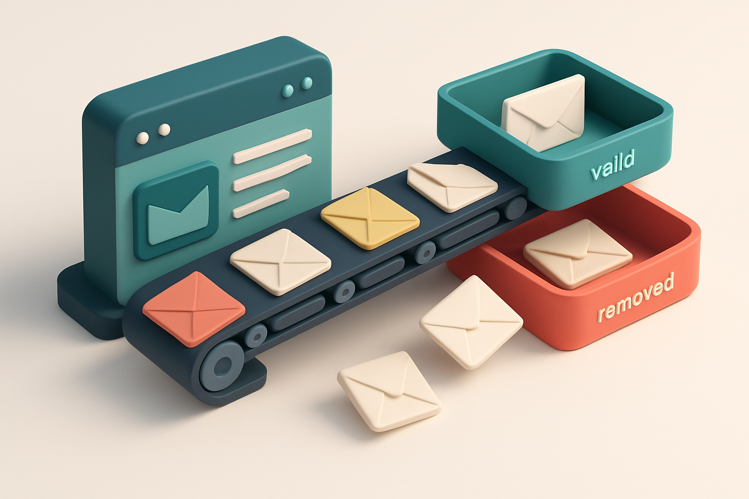 An isometric email dashboard with a conveyor belt feeding in envelopes labeled 'invalid,' 'catch-all,' 'risky,' and 'val