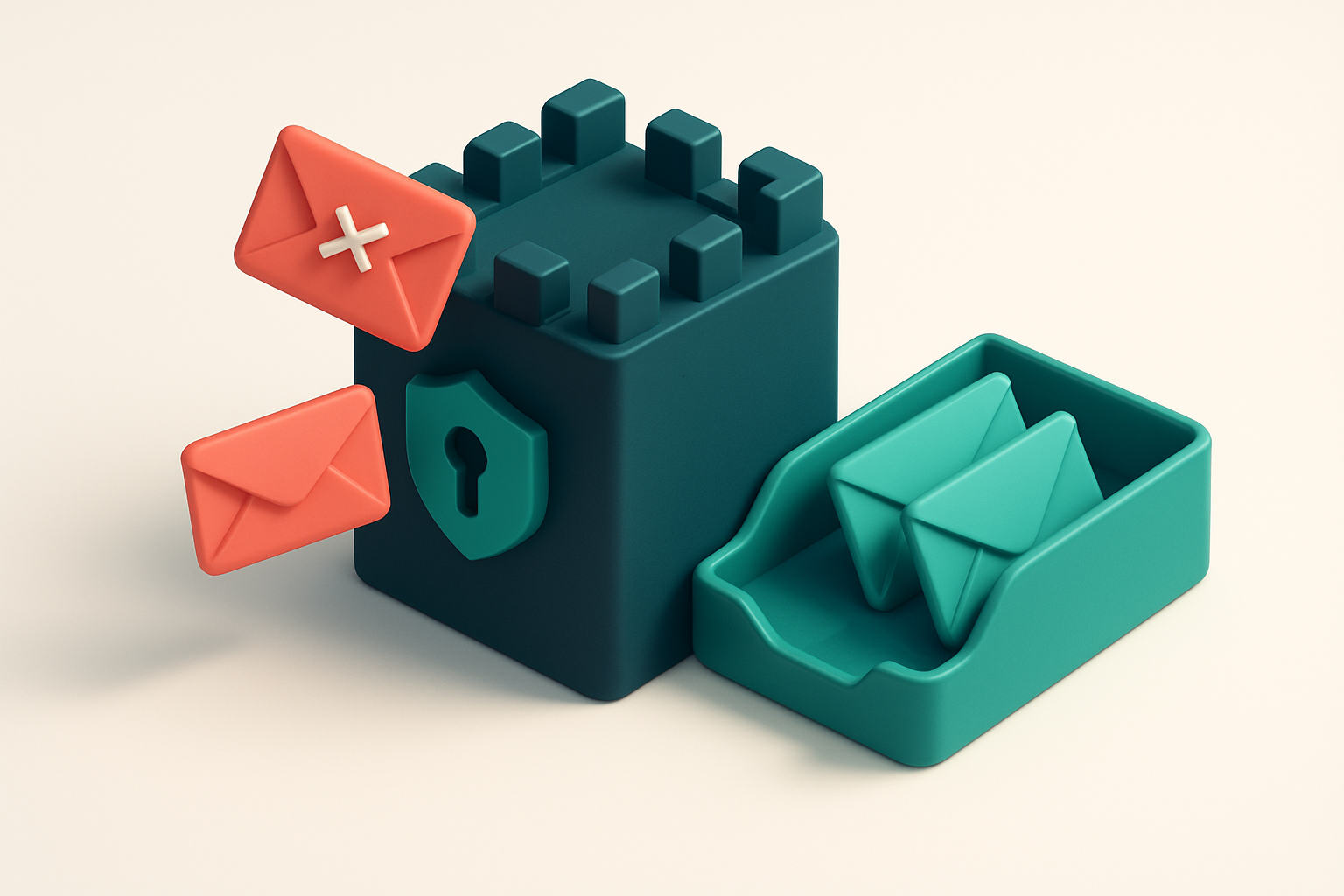 An isometric view of a fortified government email server with red 'invalid' and 'catch-all' envelopes bouncing off it, w