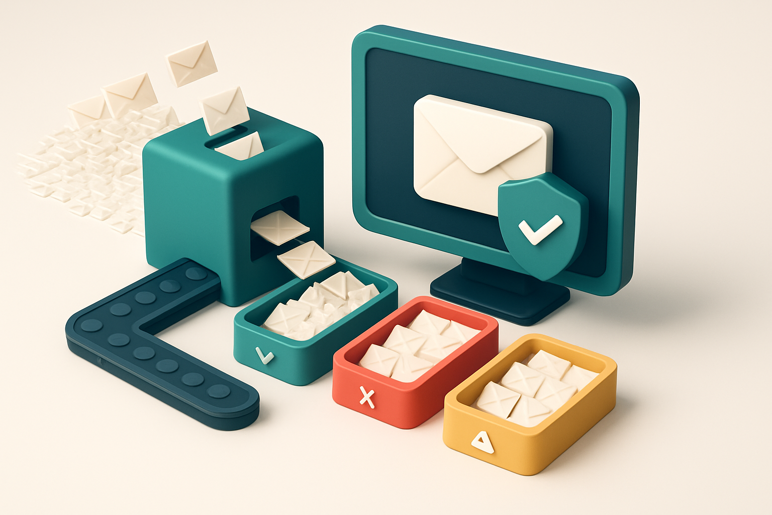 An isometric illustration of a telecom dashboard with a conveyor belt feeding thousands of envelopes into a sorting mach