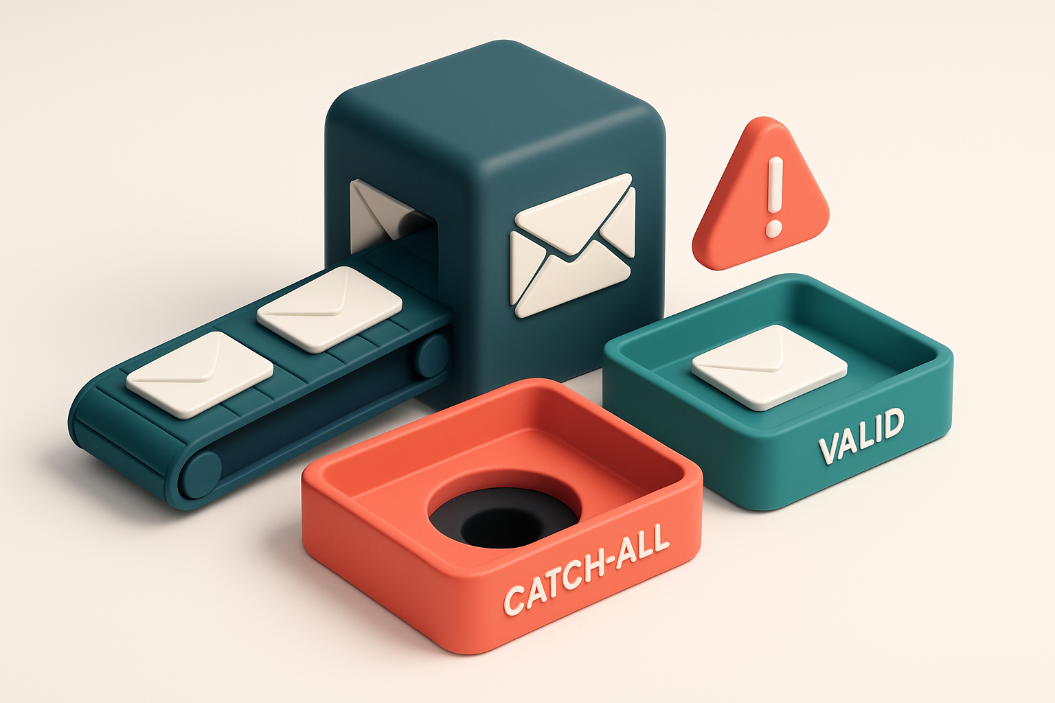 An isometric email inbox with a conveyor belt feeding in emails labeled 'admin@', 'user@', 'test@' — some drop into a gr