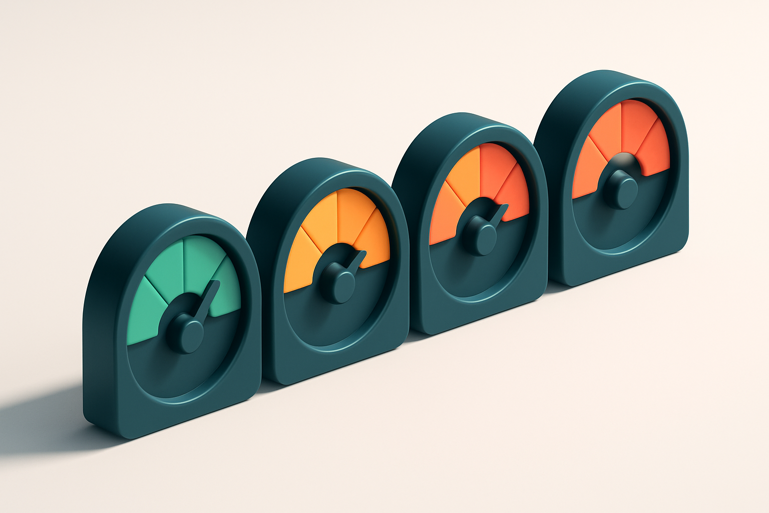 a row of four gauges showing green, yellow, orange, and red status levels