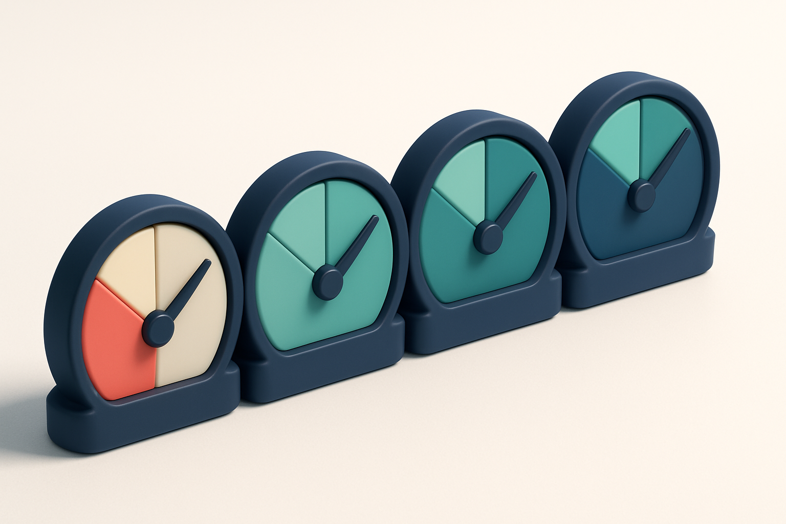 A row of four gauges with different color dials, each showing increasing validity scores