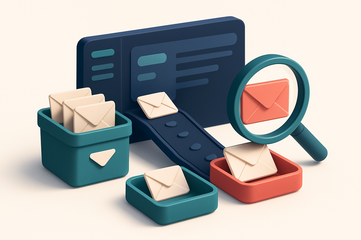 An isometric email dashboard with envelopes flowing down a conveyor belt from a 'dirty list' bin to two destinations: a