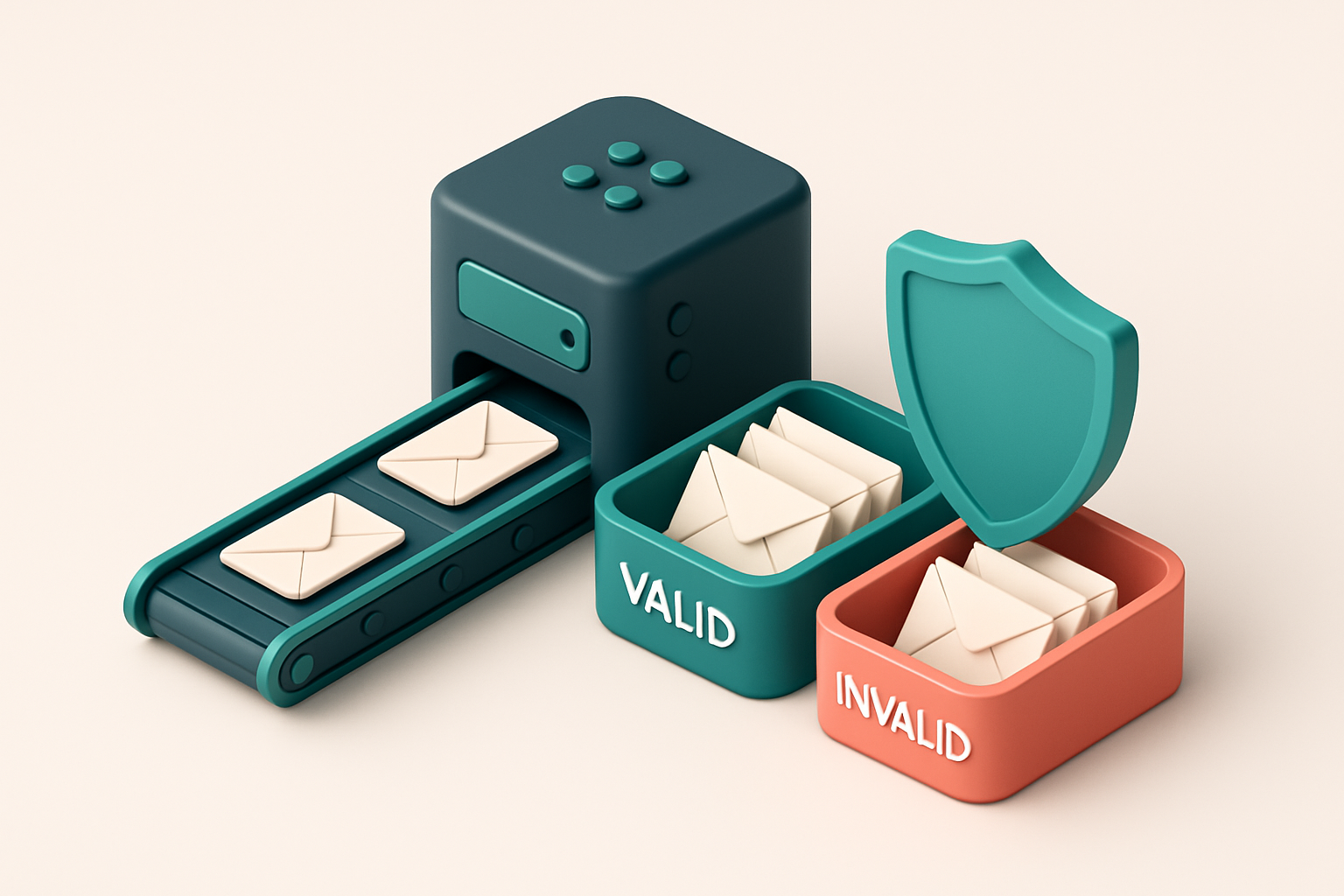 An isometric illustration of a medical clinic’s email hub: a central server with labeled green 'Valid' and red 'Invalid'