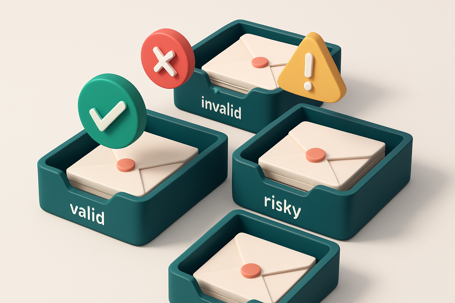 Hero: an isometric inbox with envelopes labeled 'valid', 'invalid', 'catch-all', and 'risky' sorted into separate trays;