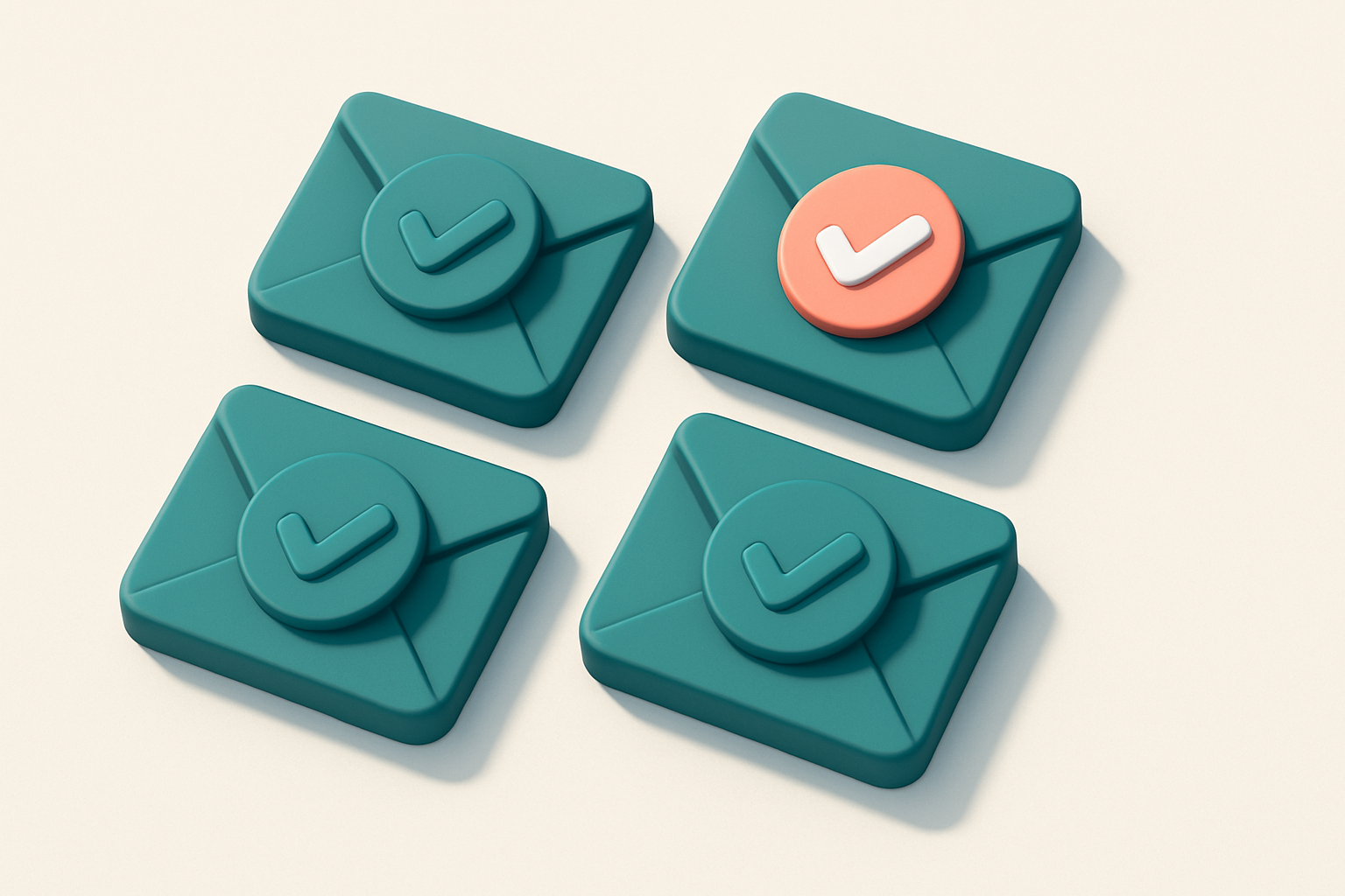 a grid of four envelope icons, each with a checkmark inside