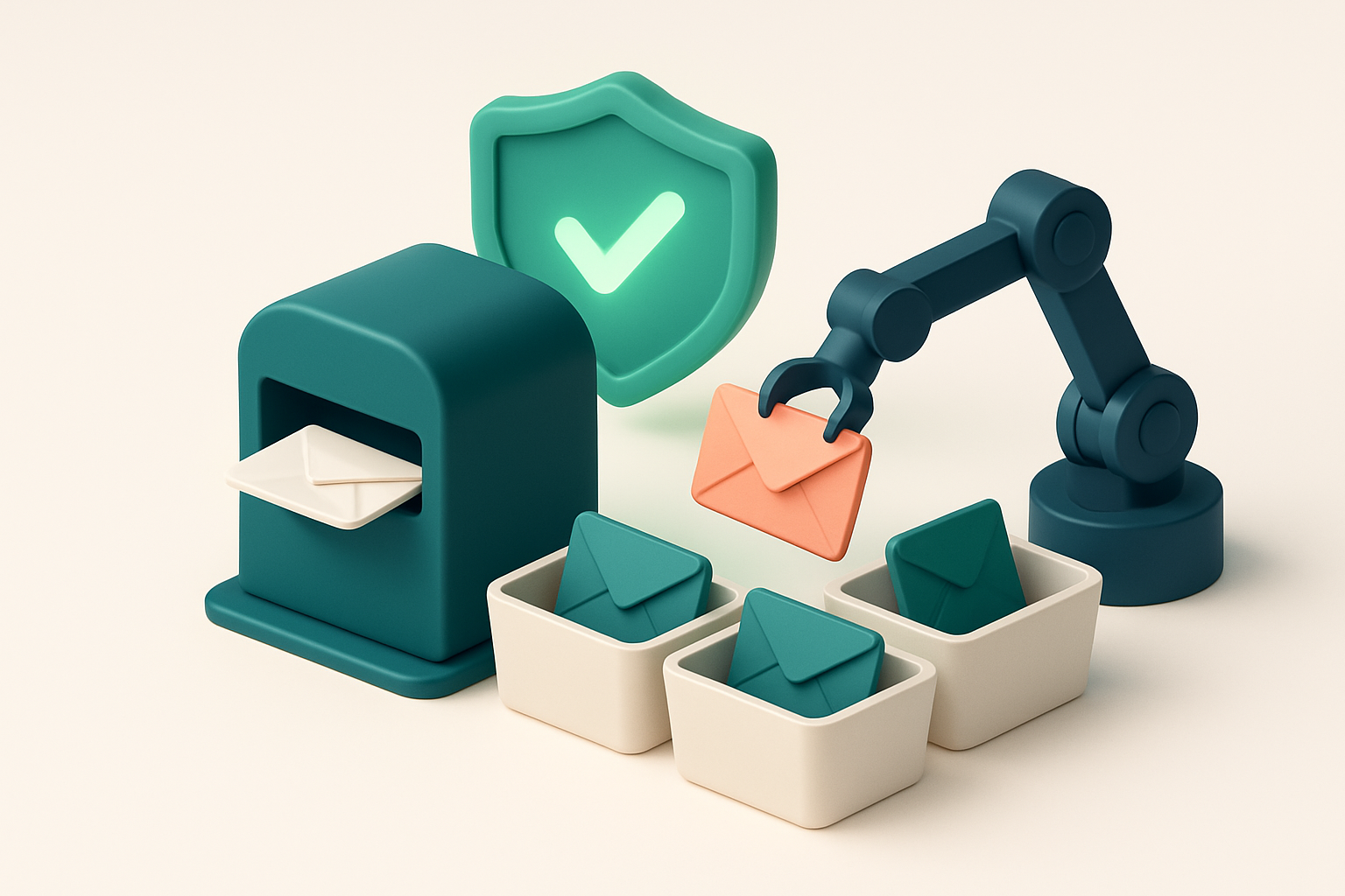 An isometric illustration of a digital mailbox with envelopes labeled 'Valid', 'Invalid', 'Role Account', and 'Catch-All
