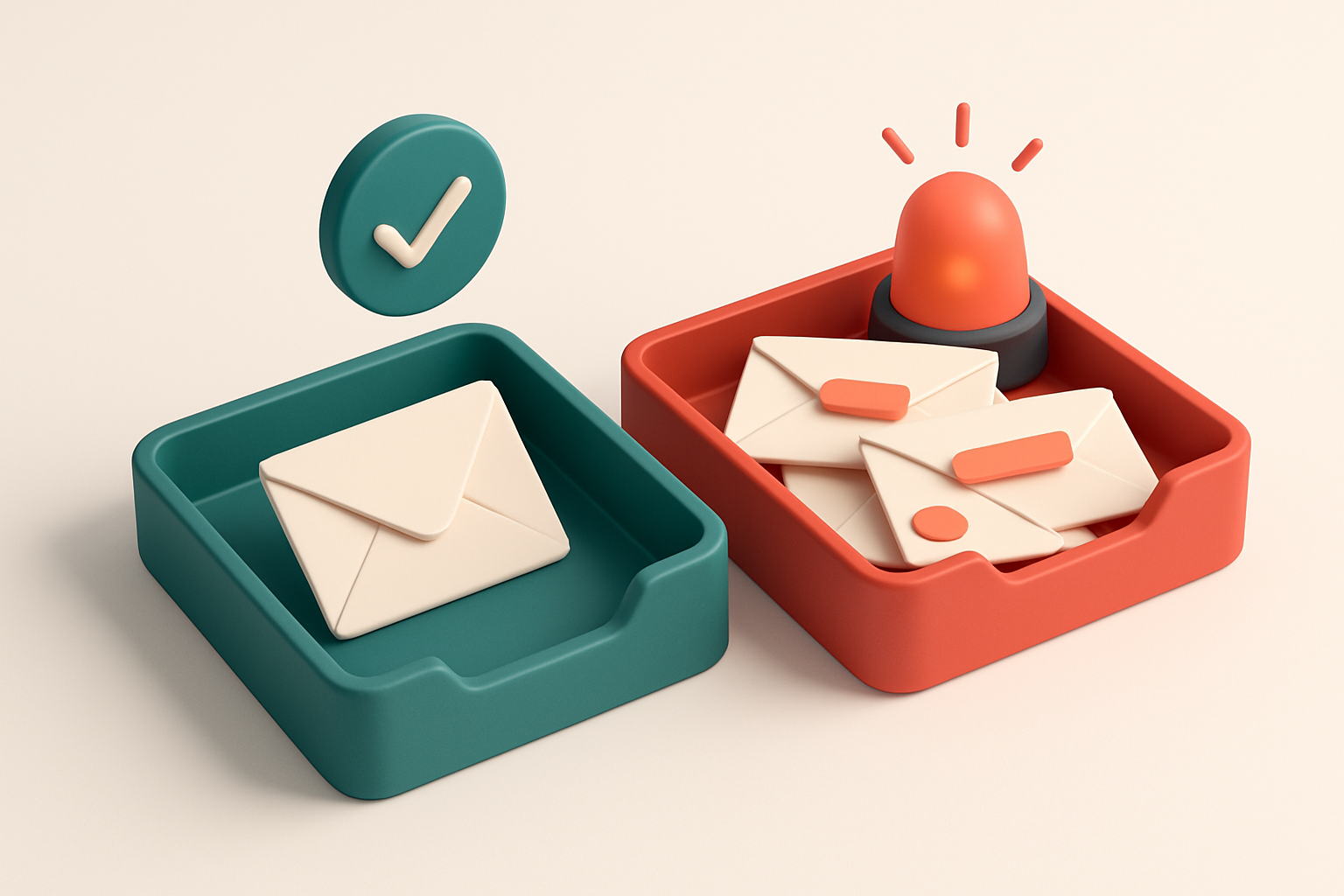 an isometric dashboard showing a green 'inbox' tray receiving envelopes marked 'valid' and a red 'spam' tray filled with