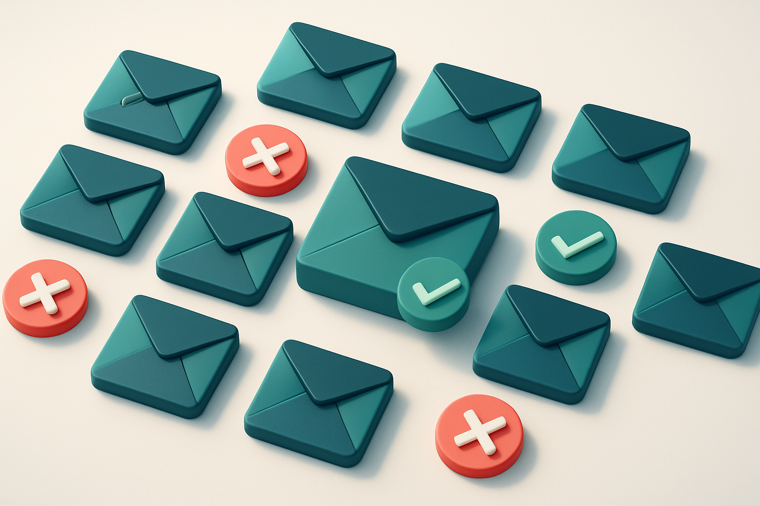 a grid of envelope icons, each with a red X or green checkmark