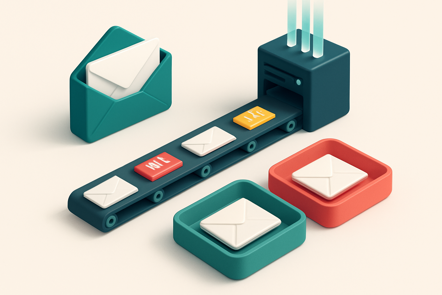 An isometric email inbox with envelopes being sorted onto a green 'valid' tray and a red 'invalid' tray, a conveyor belt