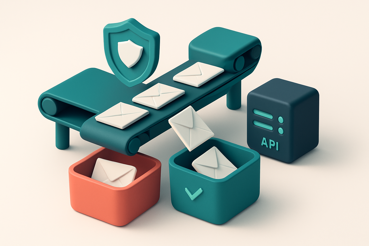 An isometric view of a 3D email inbox with envelopes on a conveyor belt, some falling into a red 'invalid' bin and other