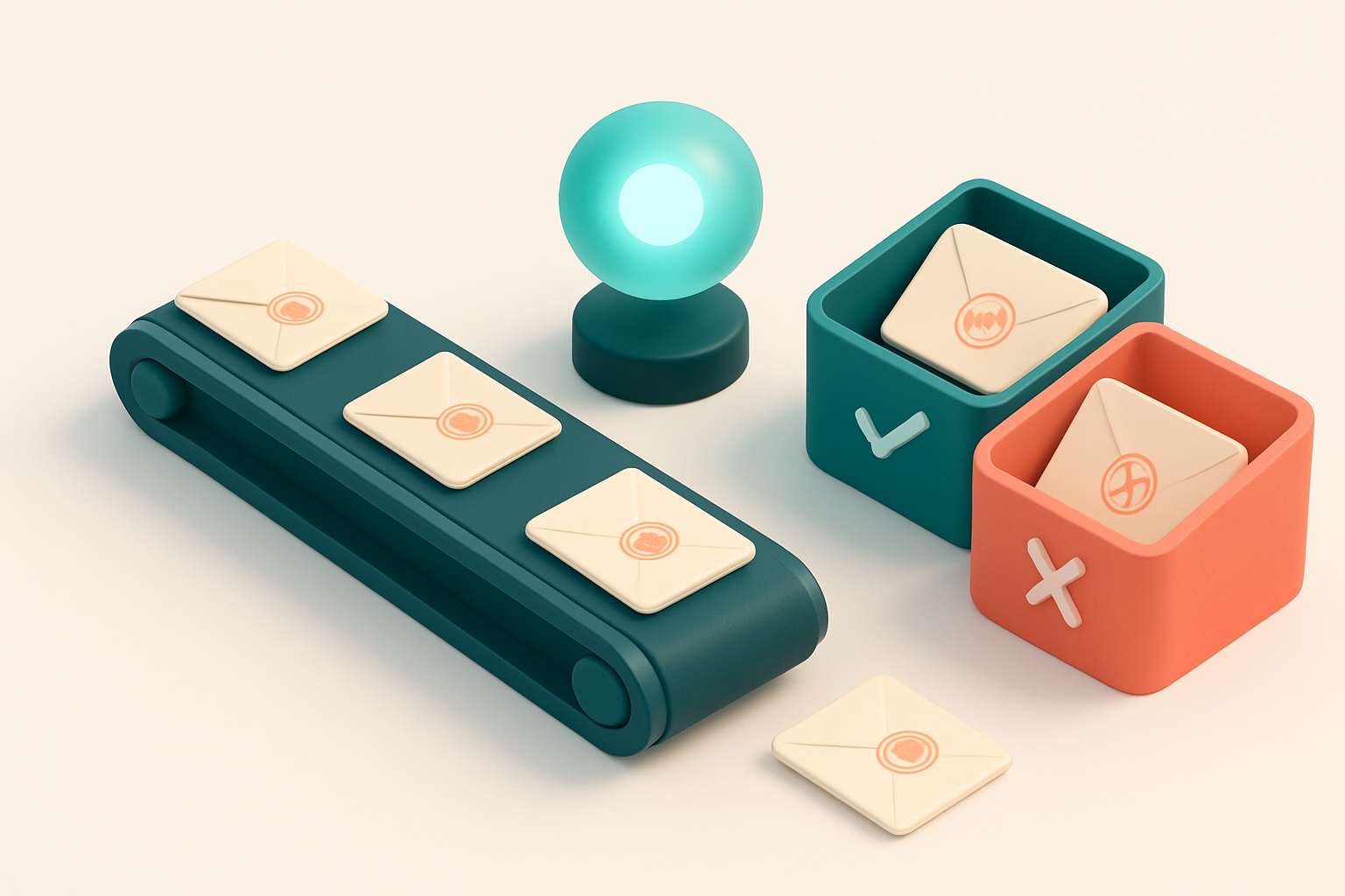 An isometric illustration showing a conveyor belt carrying student email addresses (as physical envelopes with universit