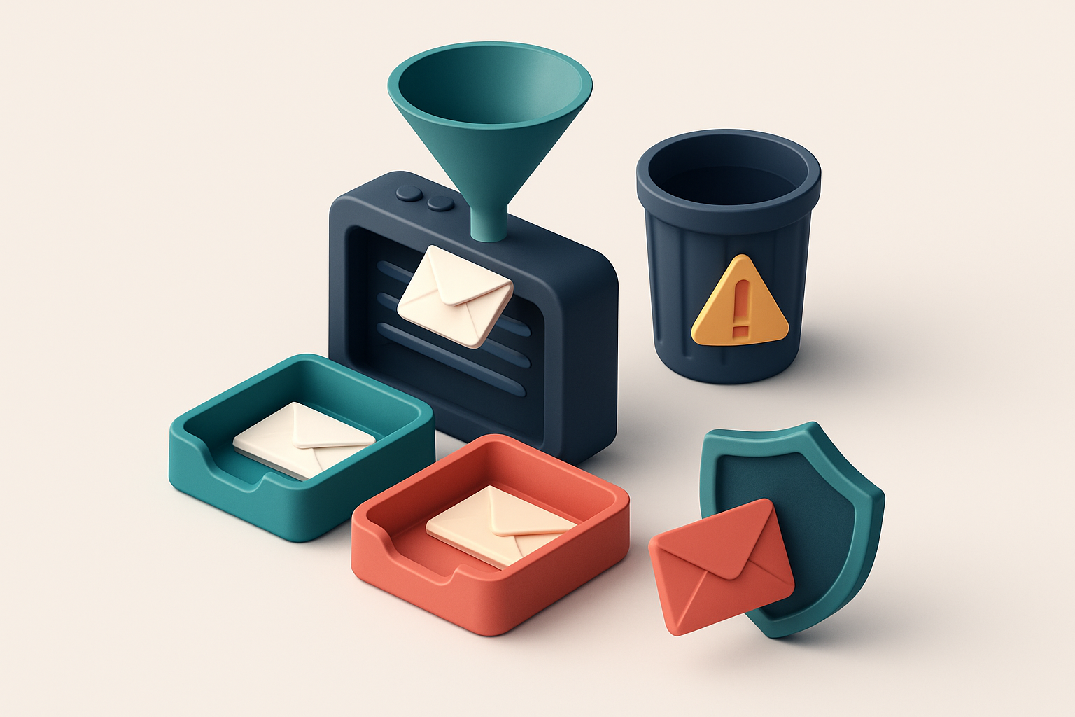 An isometric email inbox with envelopes flying in from a funnel, sorting into a green 'valid' tray and a red 'invalid' t